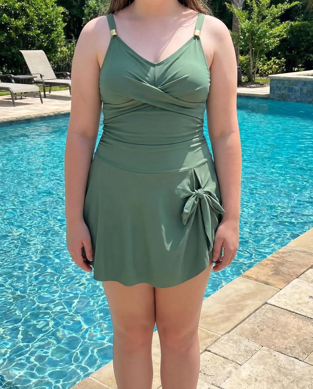 Teen Girls Swimsuits Modest One Piece Tummy Control Bathing Suit Straps Padded Swim Dress with Bottom 9-16 Years