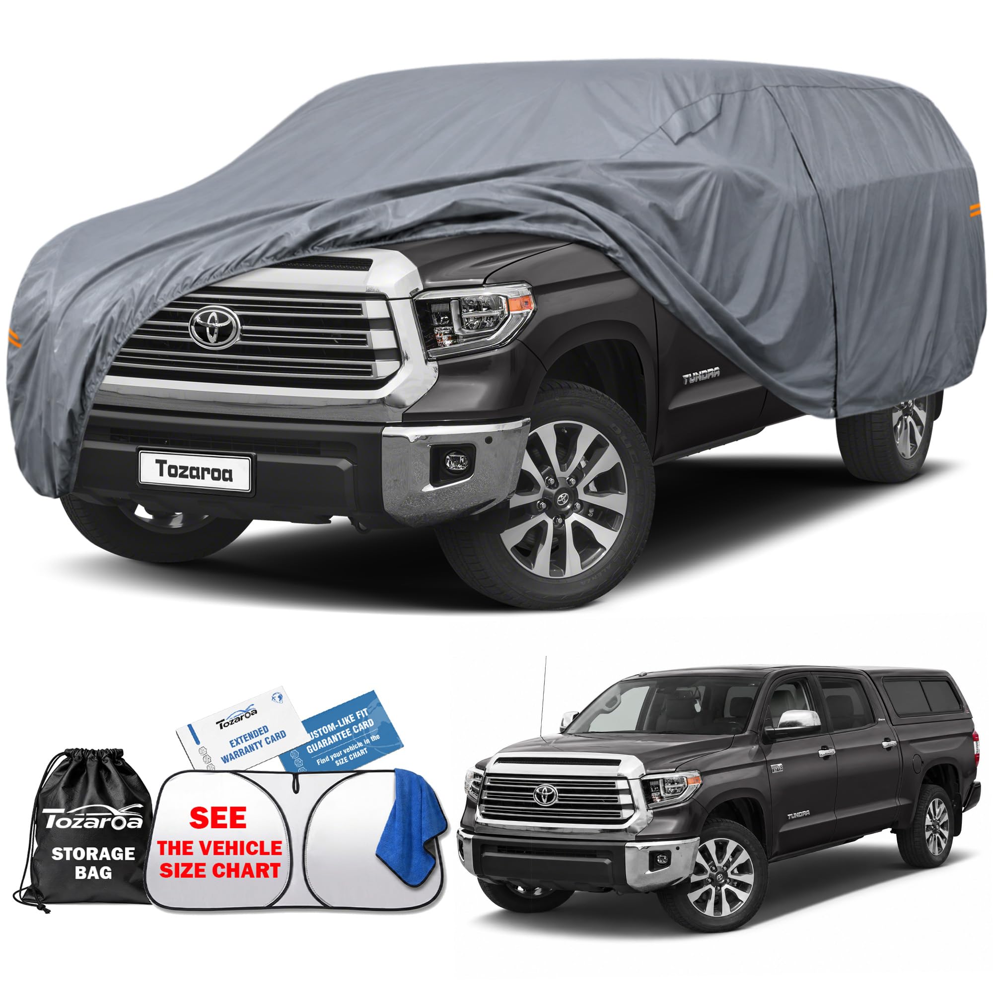 Tozaroa Truck Cover Waterproof All-Weather,Outdoor Full Exterior Pickup Covers Snow Cover for Truck Cover with Camper Shell Topper 211-228 inch,with Windshield Sun Shade,Size T3+ (See SizeChart)
