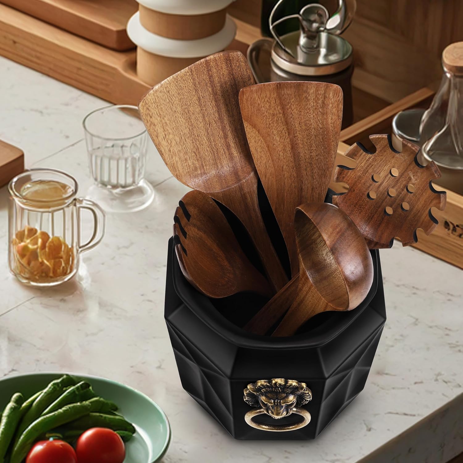 2026 Upgraded Rustic Utensil Crock - Ceramic Utensil Holder, Large Capacity Anti-Tip Countertop Organizer for Spoons & Spatulas, Vintage Farmhouse Kitchen Decor(Matte Black )