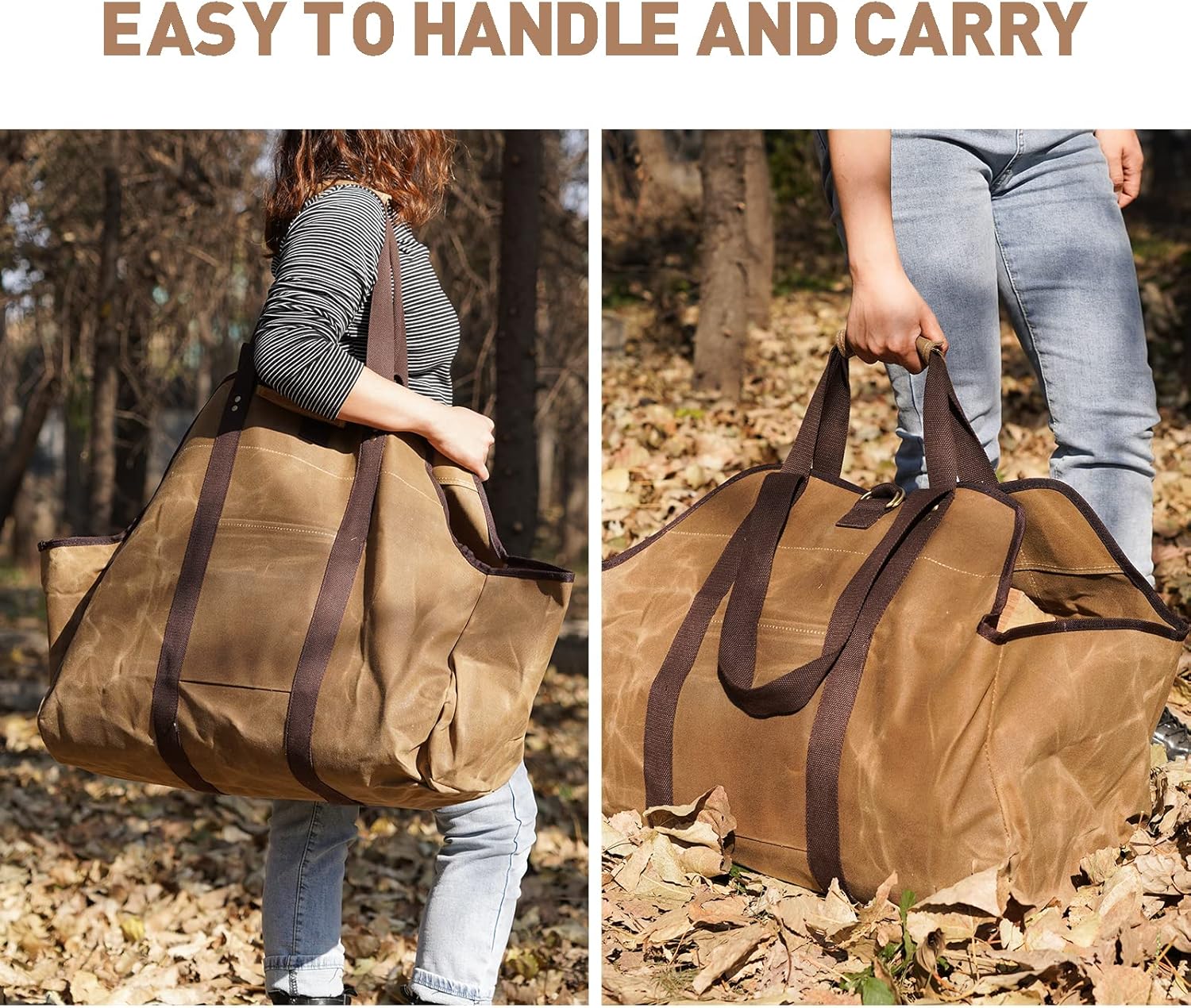 Waxed Canvas Log Carrier Tote Bag, Extra Large Durable Firewood Holder with Handles and Shoulder Strap, Heavy Duty Wood Carrying Bag for Fireplaces & Wood Stoves Khaki - Image 5