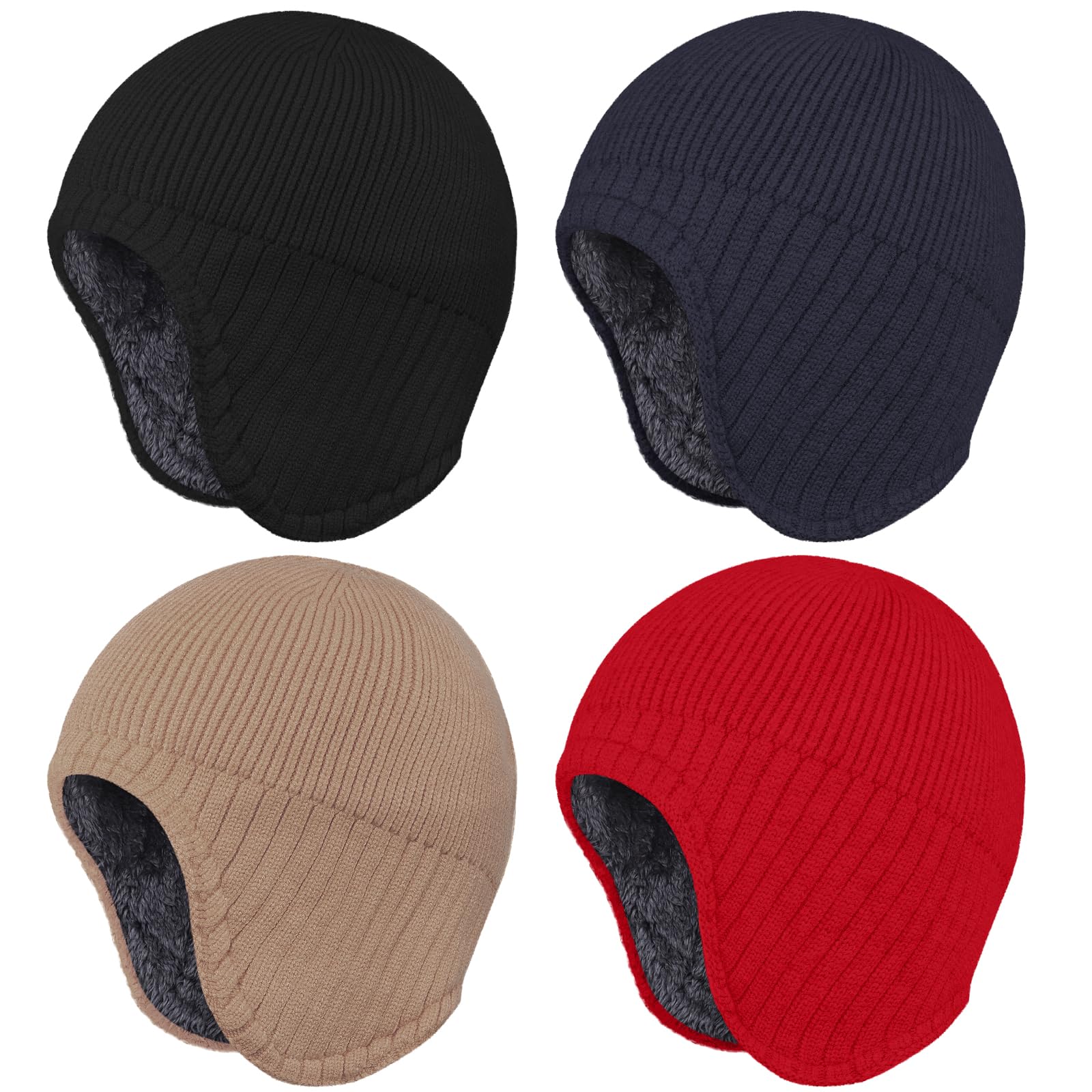 Apoway 4 Pack Winter Warm Earflap Hat Thick Fleece Lined Beanie with Ear Cover Stretchy Watch Skull Cap for Men Women