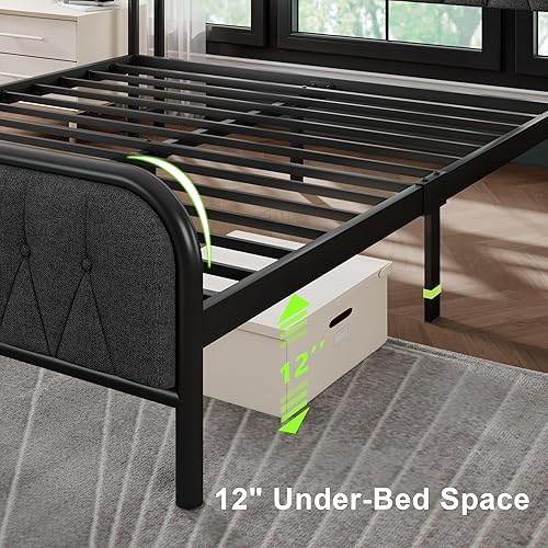 Miniatura 6 de Feonase Base de cama Queen con puerto tipo C y USB, camas de plataforma de metal, con cabecera y estribo tapizados de terciopelo, espacio de