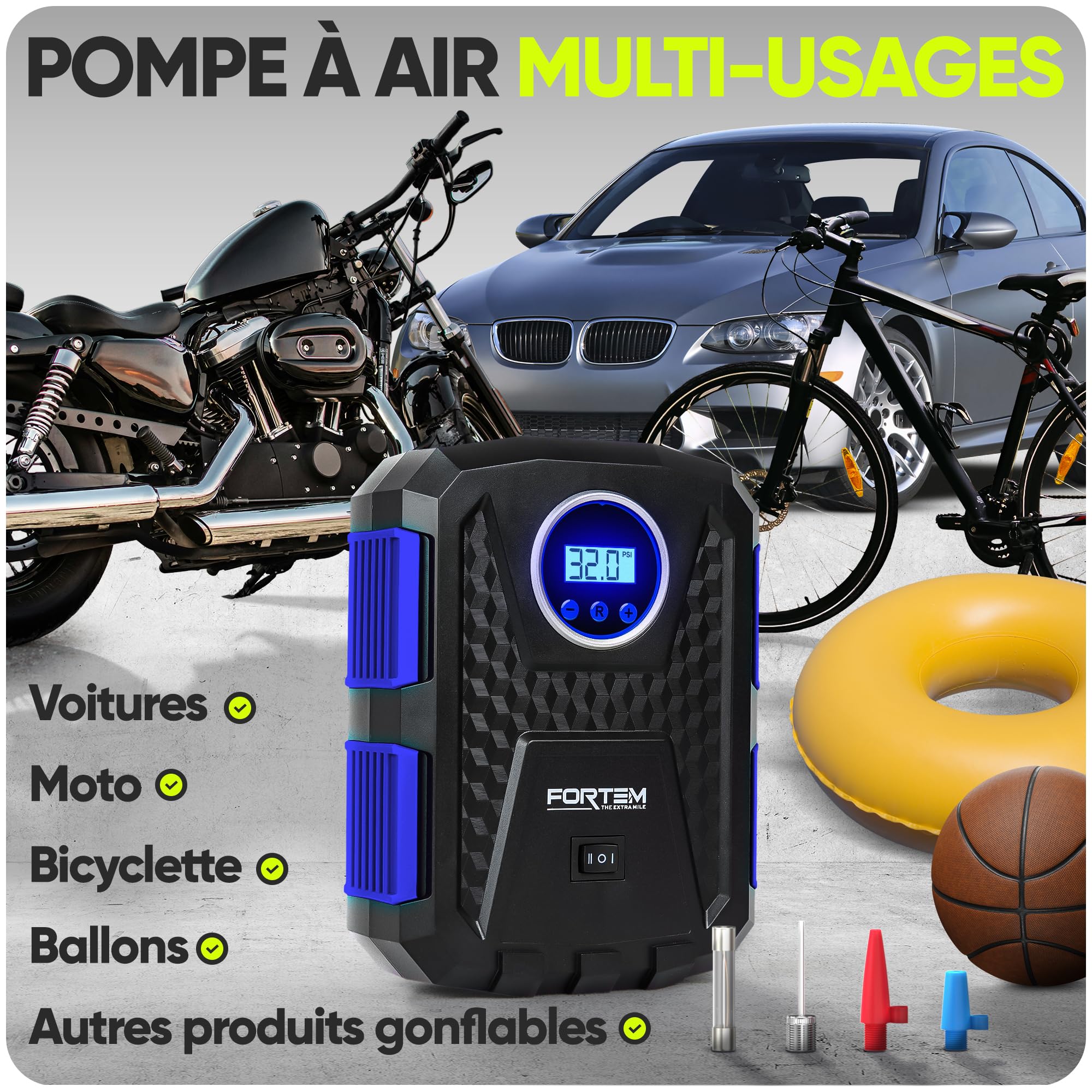 FORTEM Gonfleur pneus voiture - Compresseur 12V - Compresseur à air portatif automatique (150 PSI) - Gonfleur pneu voiture avec éclairage LED - Compresseurs d'air Portatifs - Moto & Vélo