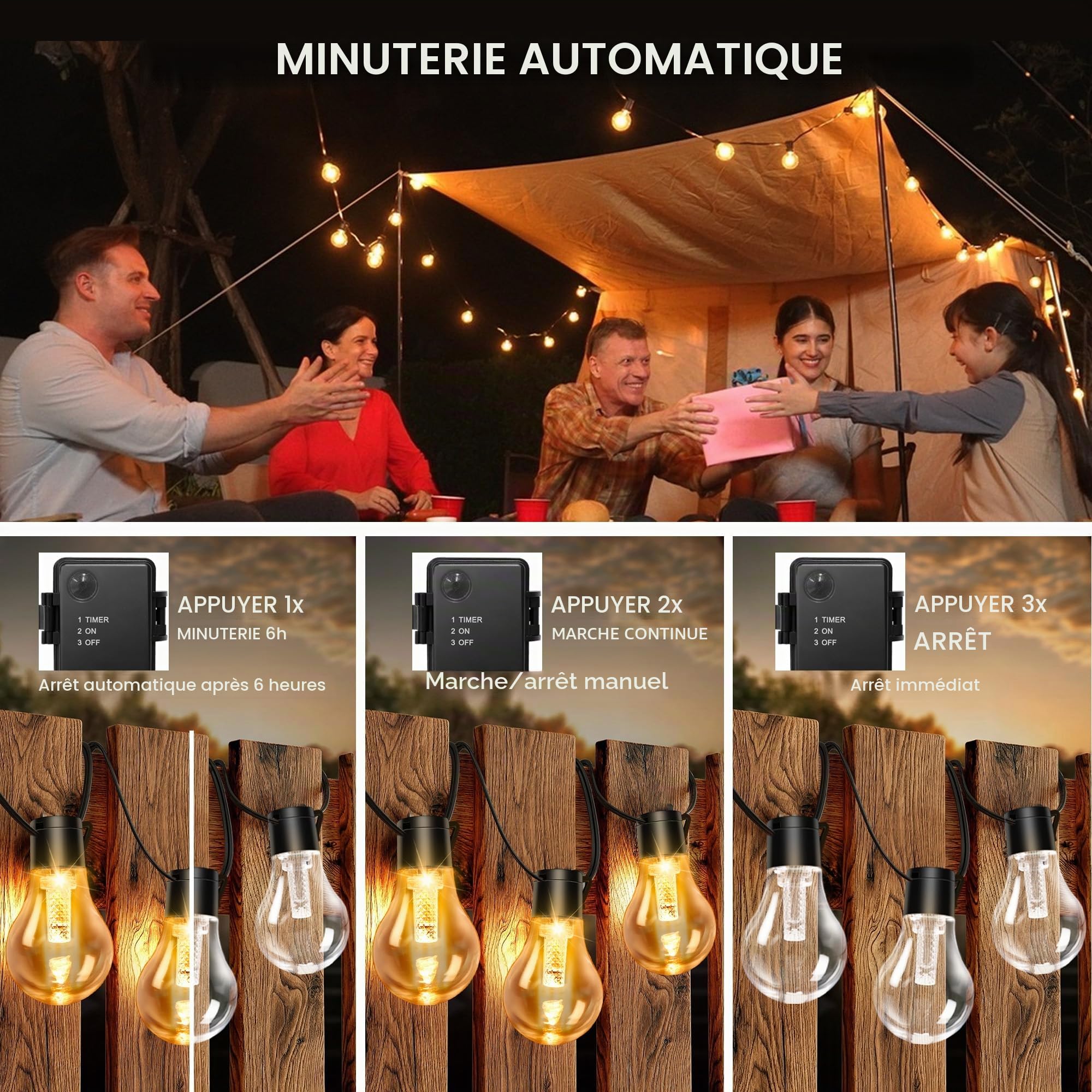 Guirlande lumineuse d'extérieur à piles - Minuterie - 9 m - 12 ampoules A60 LED - Télécommande avec 8 modes - IP64 - Pour l'intérieur et l'extérieur - Pour Noël, fenêtres, escaliers, jardins