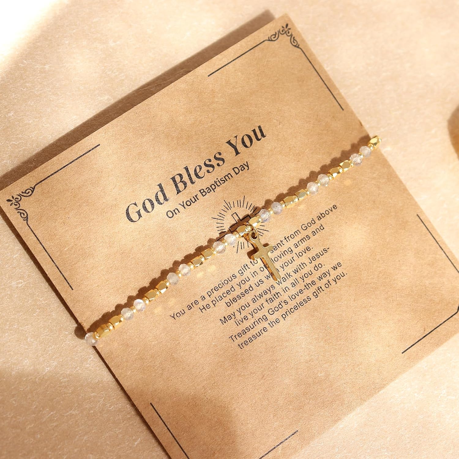 Gold Cross Charm Rainbow Natural Stone Beaded Stack Bracelets Christian Gift for Women, Golden Beads Stackable Strand Bracelet Fashion Jewelry - Image 4