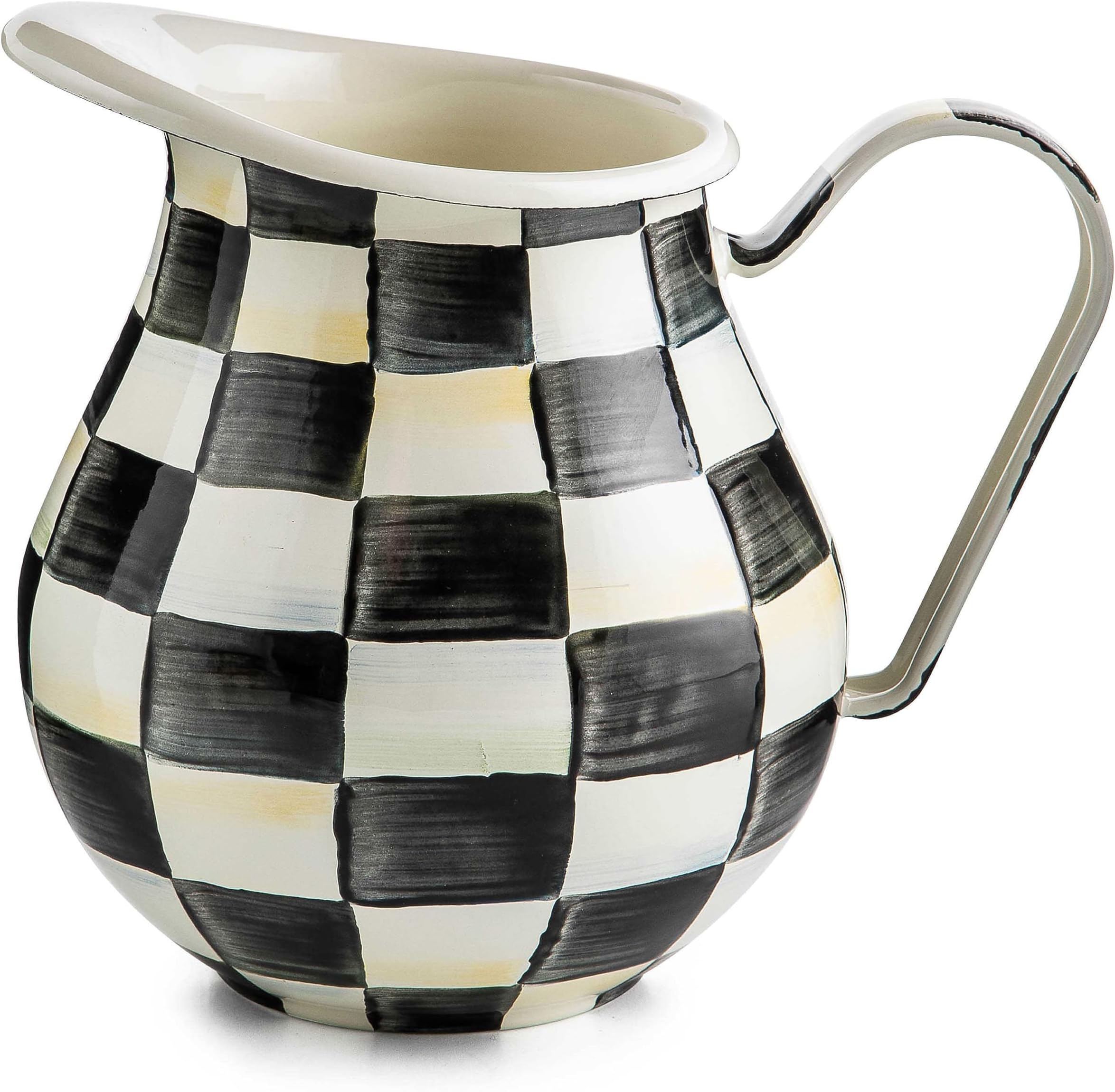 Enamel Pitcher with Spout for Water, Cut Flowers, and Home Decor, 3 Quarts, Black-and-White Courtly Check