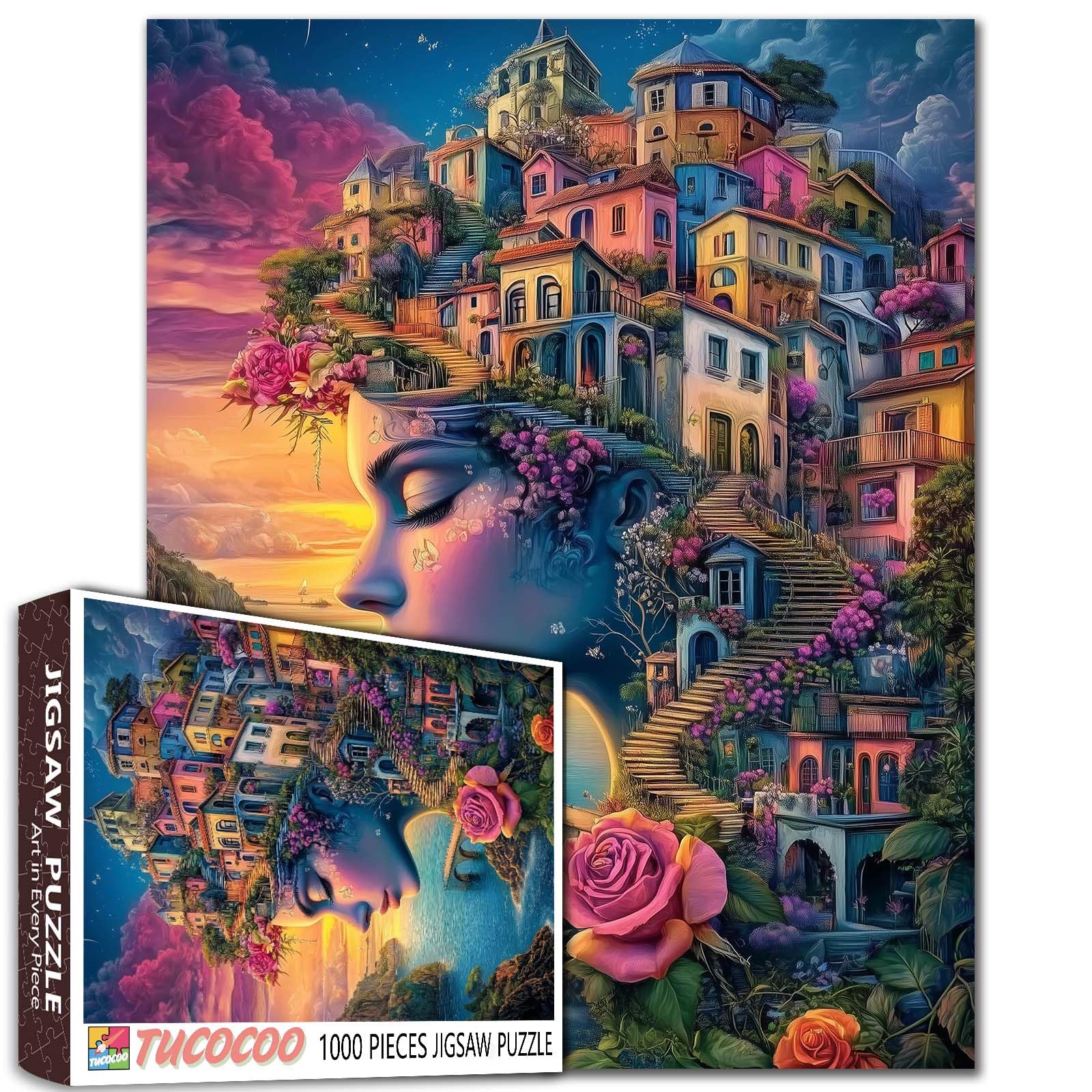 Portrait Woman 1000 Piece Jigsaw Puzzle Seaside House Landscape Jigsaw Puzzles for Adults Gifts Surreal Earth Girl Challenging Puzzle Perfect for Game Nights