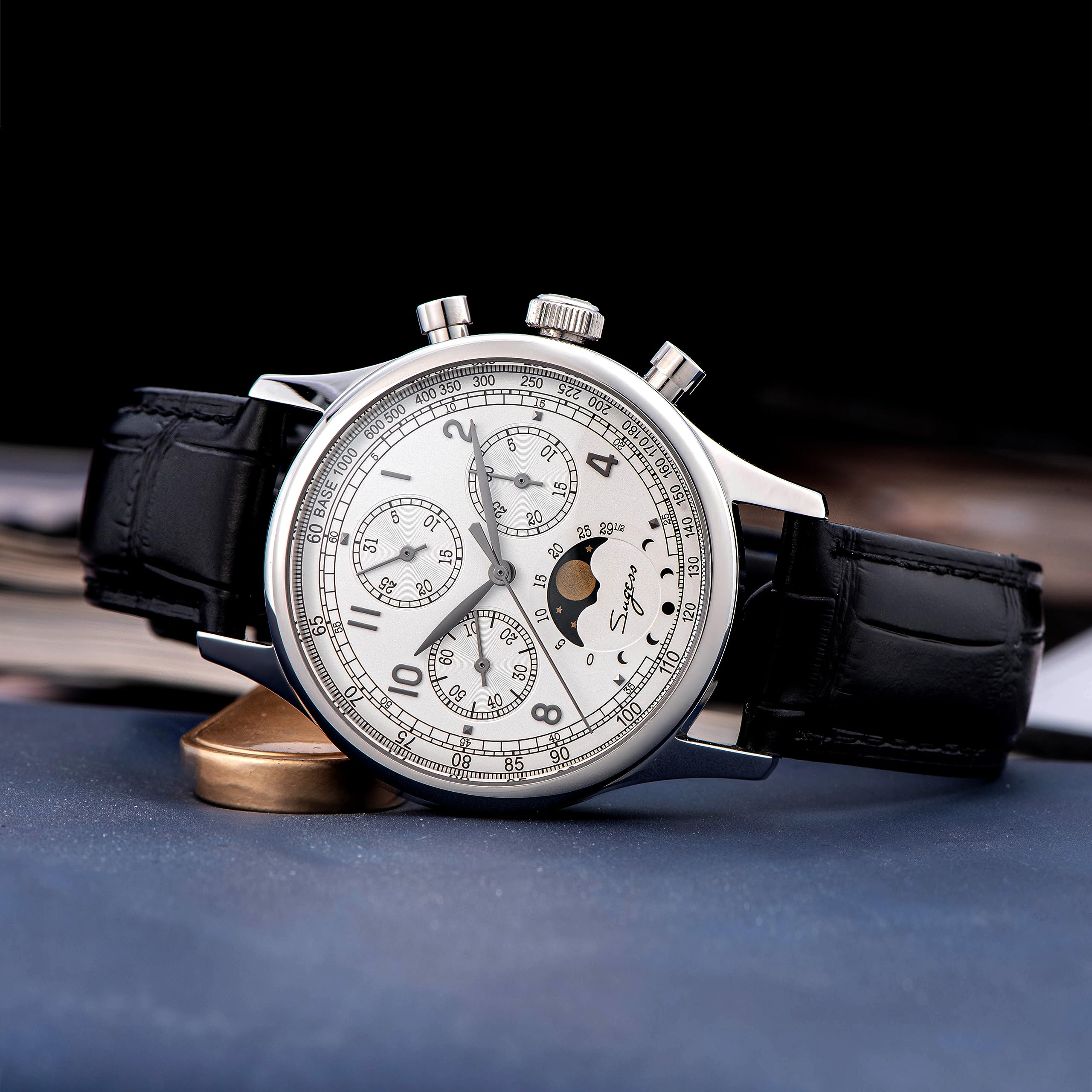 S389-2.01 MoonPhase Master Gold Schwanenhals Version Möwe ST1908 Uhrwerk Saphirglas Herren Chronograph Mechanische Herrenuhr 1963, weiß, Armband