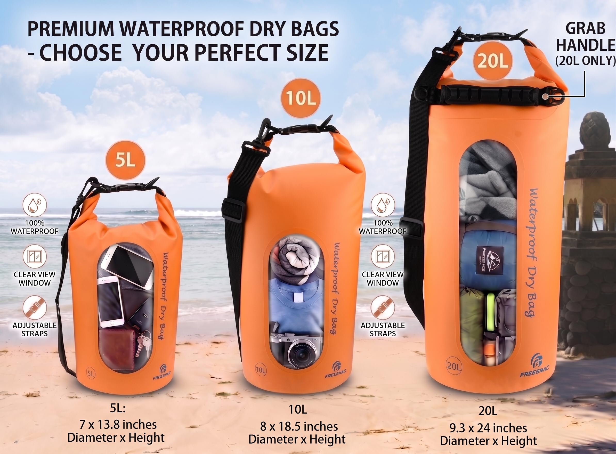 Freegrace Confezione da 3 borse impermeabili con 2 cerniere e tracolla staccabile, marsupio e tasca per telefono, sommergibili in acqua per nuoto, kayak