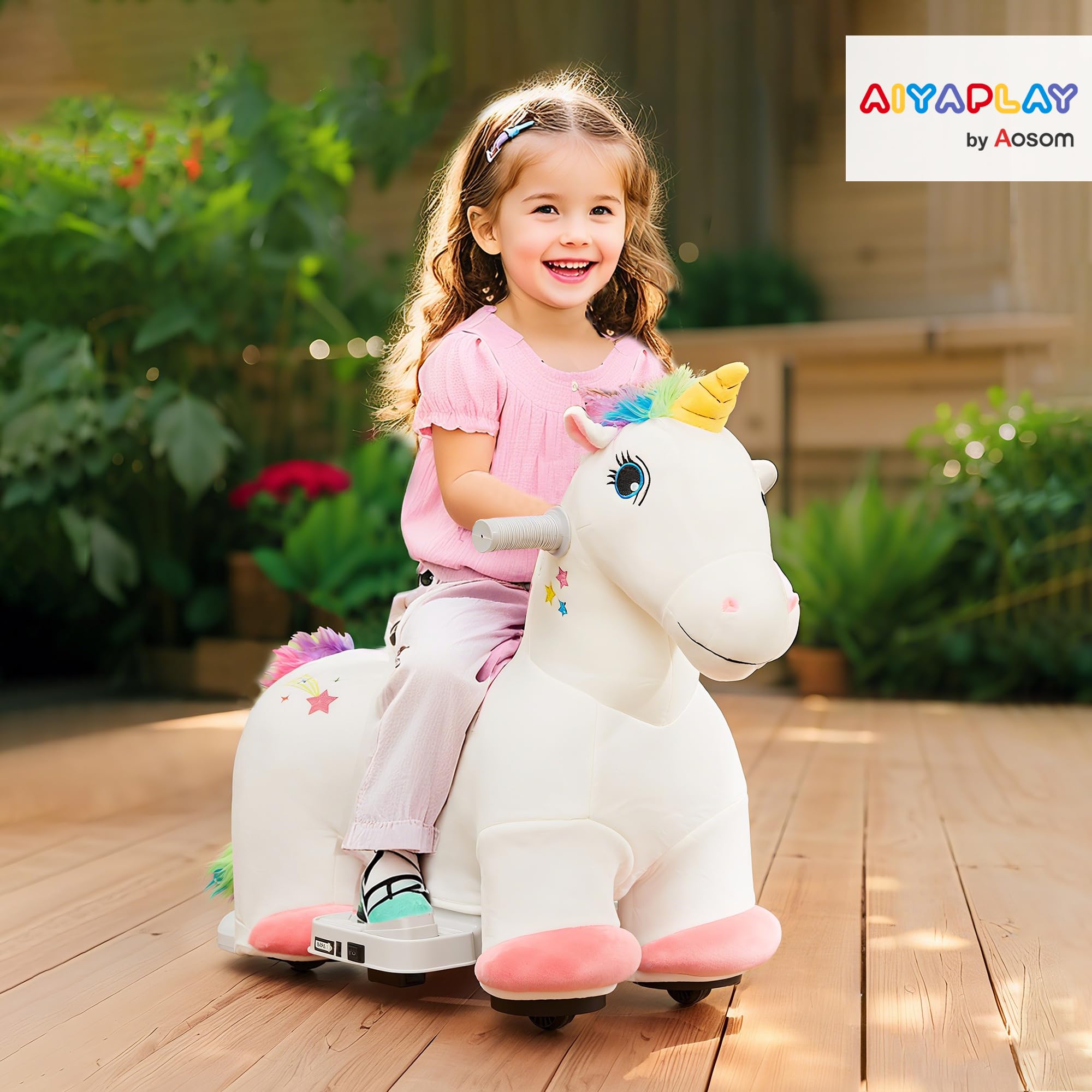 AIYAPLAY Unicornio Eléctrico para Niños de 18 a 36 Meses Caballo Balancín Eléctrico con Batería 6V y Música Carga 25 kg 69x34x53 cm Blanco