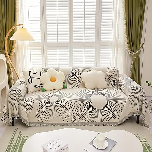 HANDONTIME Funda negra para sofá con borlas a rayas geométricas y antideslizantes, funda de cojín de felpilla para perros, funda universal para sofá