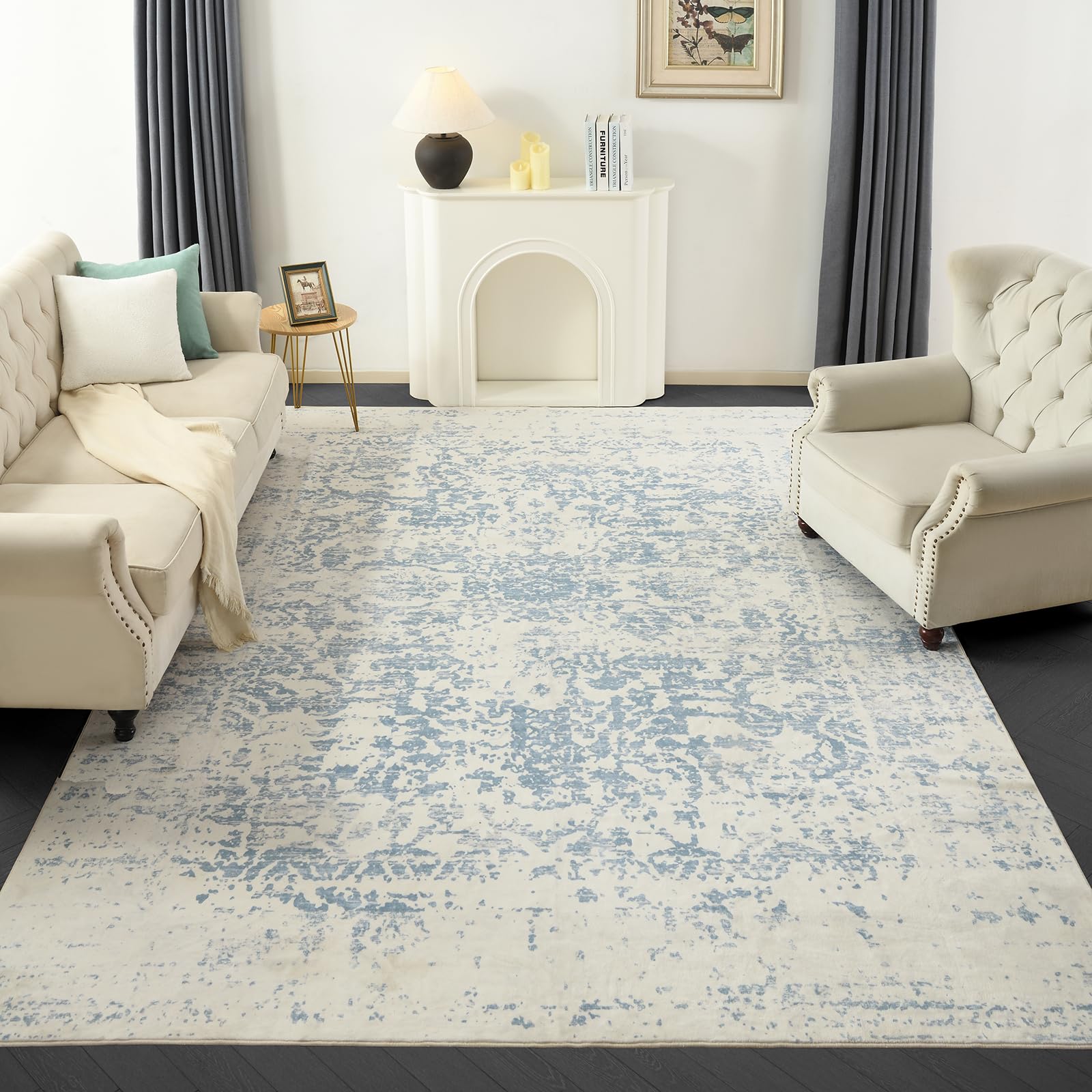 Washable Area Rug for Living Room - Stain Resistant Urtla Thin Rugs with Non Slip Rubber Backing - Indoor Floor Carpet for Dining Room Home Office Dorm (Blue/White, 138x96)