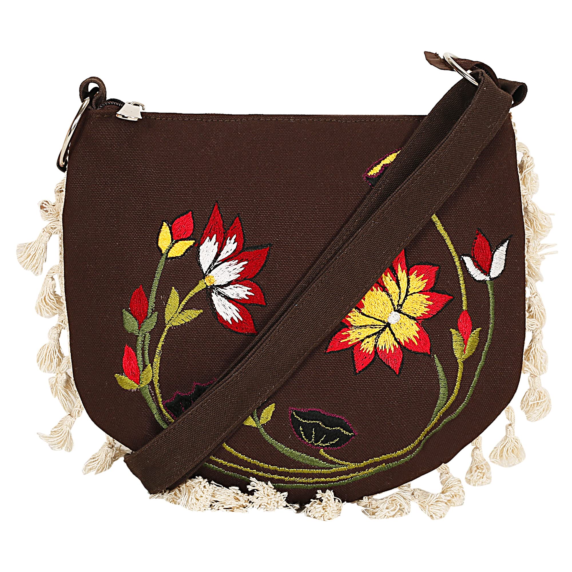 Pick Pocket Brown floral printed sling bag with white tassels (B0BZVPP8HY) Amazon Price History, Amazon Price Tracker