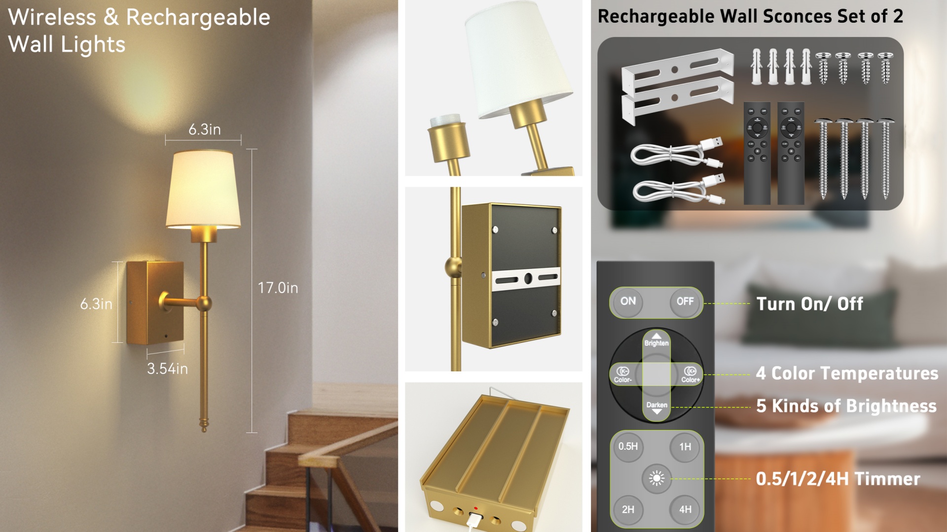 Image of iThird Battery Operated Wall Sconces Set of 2: Black Rechargeable Wall Lights with 6000mAh Detachable Battery and Remote,4CCT Dimmable Wireless Sconce Lamp for Bedroom Living Room Hallway Bathroom