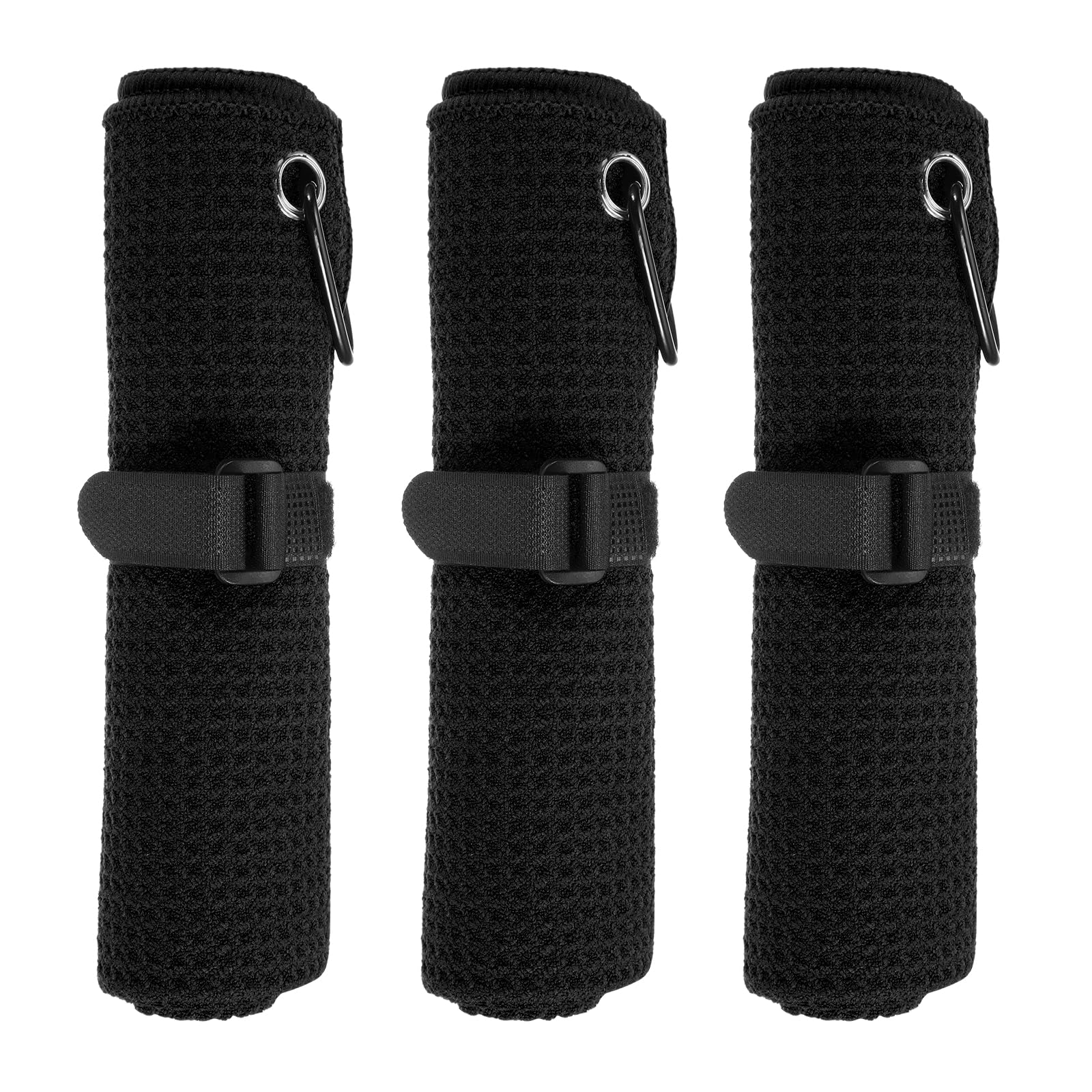PATIKIL 16"x16" Microfiber Golf Towel, 3 Pack Tri-Fold Golf Towels Waffle Pattern Towels Absorption with D Clip, Hook and Loop Fastener, Black