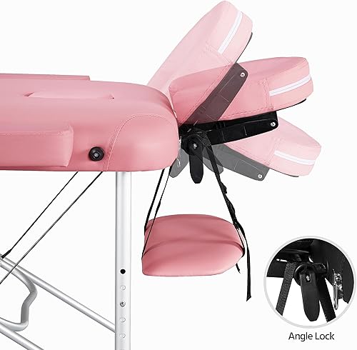 Miniatura 4 de Topeakmart Mesa de masaje portátil de aluminio, mesa de terapia de cama de spa, cama de salón ajustable de 84 pulgadas, 3 pliegues, rosa Rosado