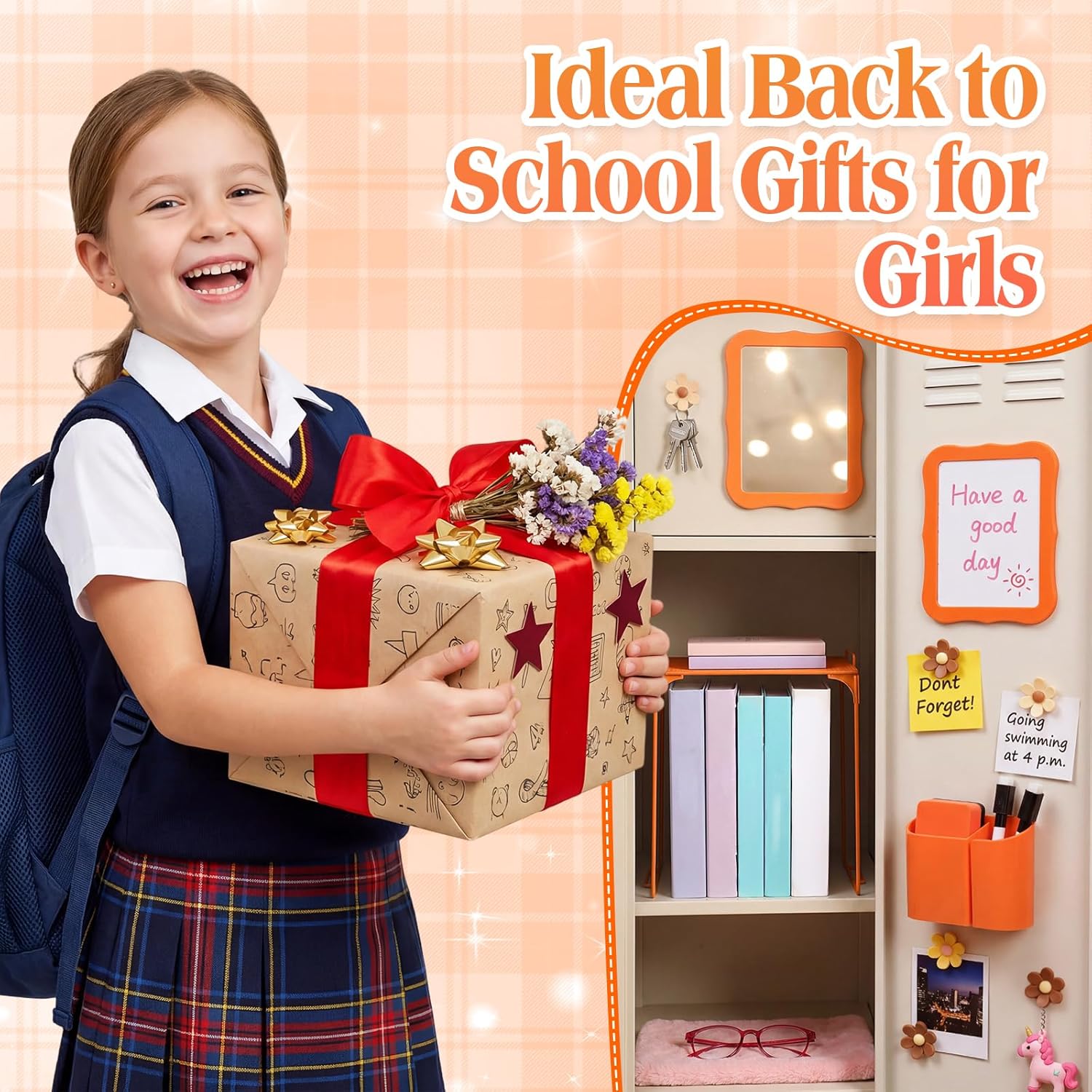 Colarr 16 Pcs Orange Locker Accessories for Girls Includes Magnetic Whiteboard & Mirror Locker Shelf Pen Holder 2 Dry Erase Marker & Eraser 9 Flowers for Back to School Essentials Decoration