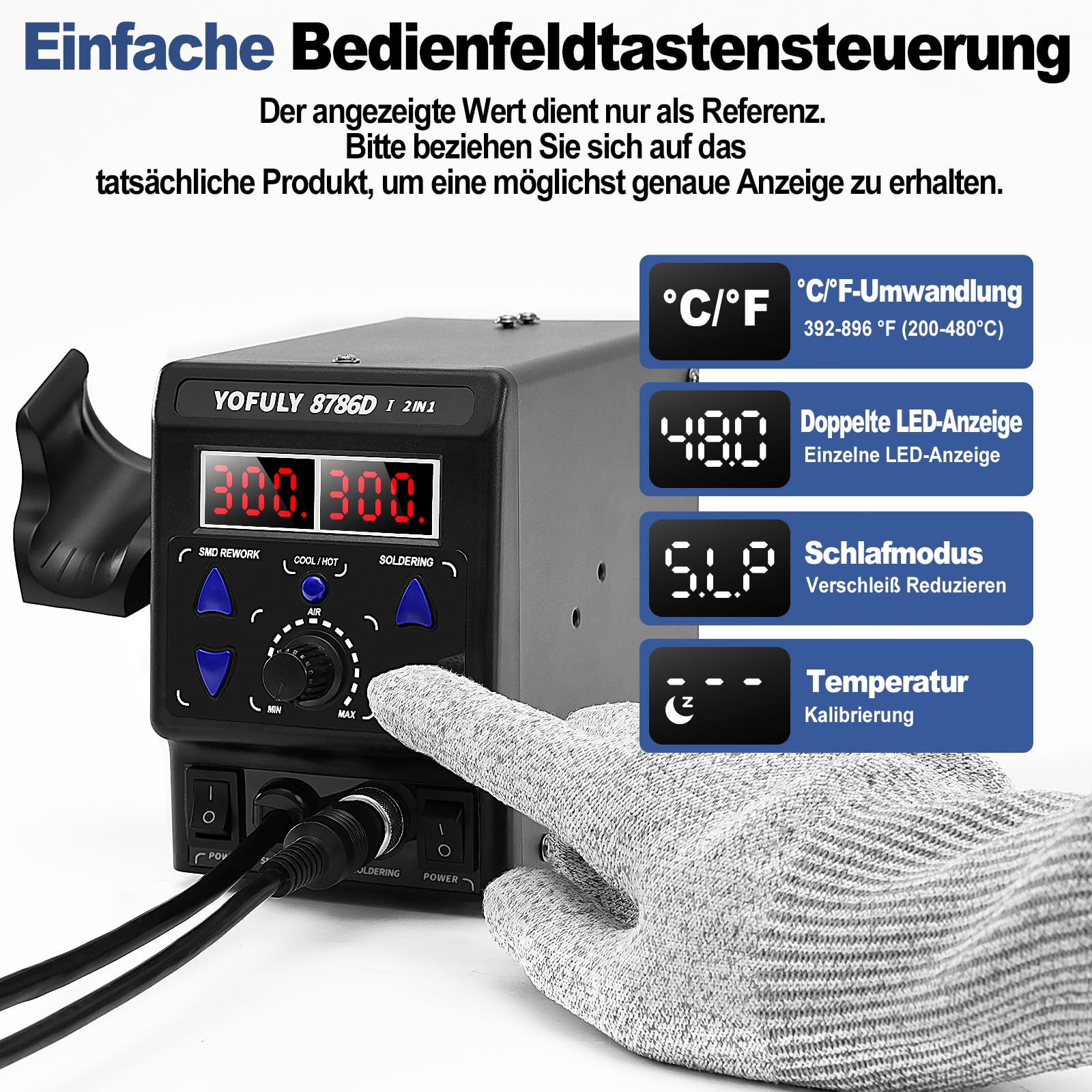 Yofuly 750W Lötstation, 2 in 1 Heißluft Lötstation Lötkolben Set 8786D SMD Entlötstation & Lötstationen 392°F -896°F Einstellbare Temperatur LED Digital Anzeige 5 Zusätzliche Lötspitzen (EU)