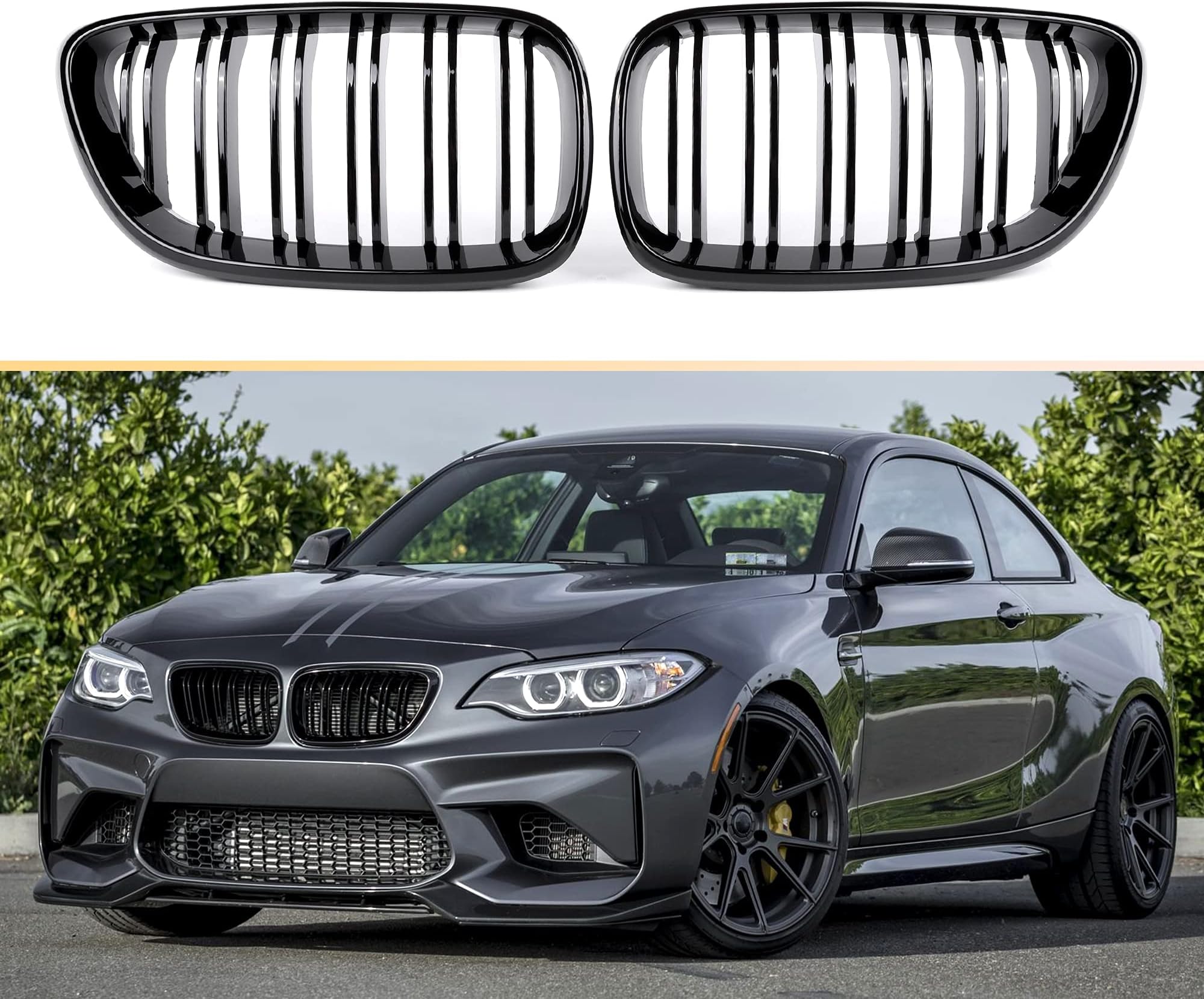 Qitian F22 Grille, ABS Front Replacement Kidney Grill for 2 Series F22 F23 F87(M2) Gloss Black