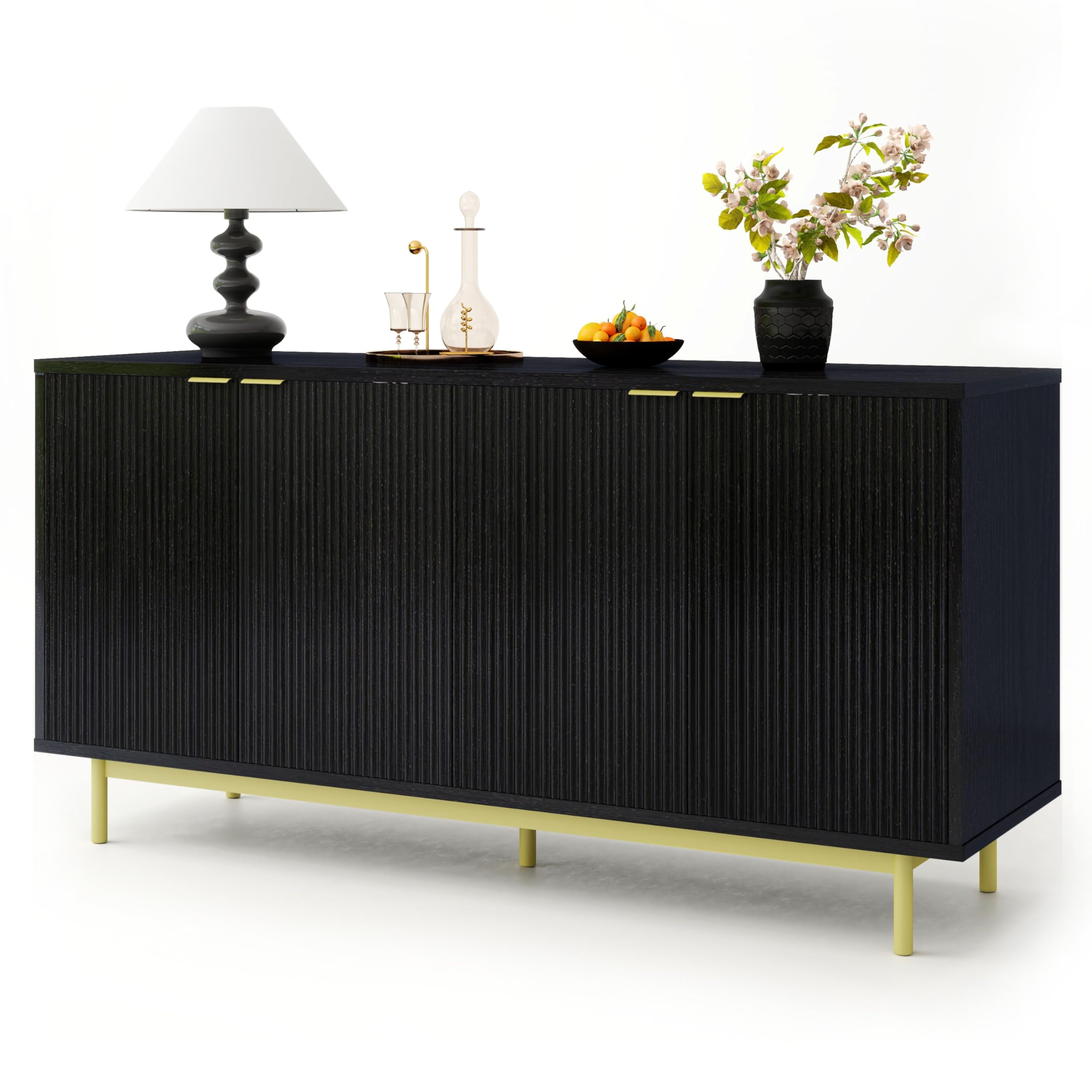 MUUEGM Sideboard Buffet Cabinet with Storage, 58'' Modern Fluted Coffee Bar Storage Cabinet with 4 Doors and Adjustable Shelves, Media Console for