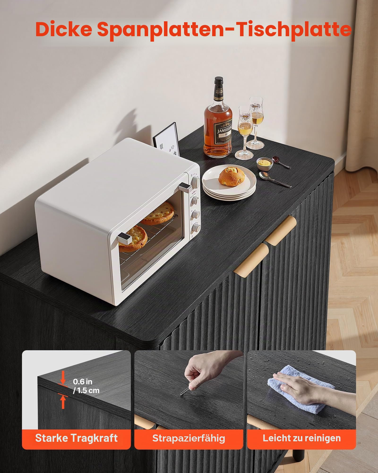 VEVOR Sideboard Küchenschrank mit 2 Ablageflächen, Buffetschrank im mittelalterlichen Stil für Wohnzimmer Eingangsbereich Küche, Aufbewahrungsschrank 80 x 37,5 x 80 cm Küchenbuffet Schwarz