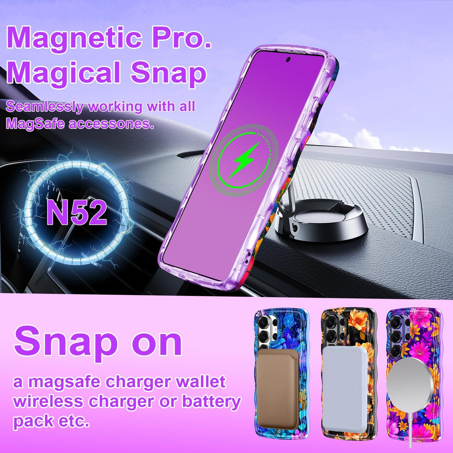 Meshine for Galaxy S26 Ultra Case with Magnetic Stand,[Compatible with MagSafe]Wave Frame Cute Flower Design Shockproof Drop Protective Women Girls Cover for Samsung Galaxy S26 Ultra,All PurpleFlowers