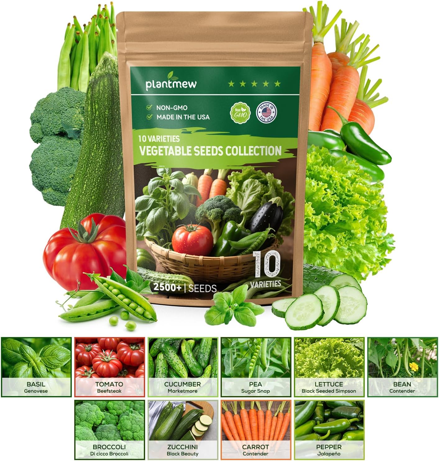 PLANTMEW 10 Non-GMO Heirloom Vegetable Seeds Pack: 2500+ Basil, Tomato, Cucumber, Carrot & More for Home Garden