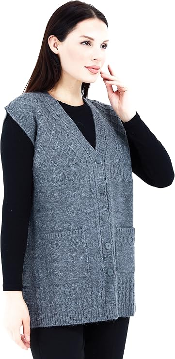 Fresh&Fashion | Women's V-Neck Button Pocket Knitted Wool Knitwear Mother Short Vest