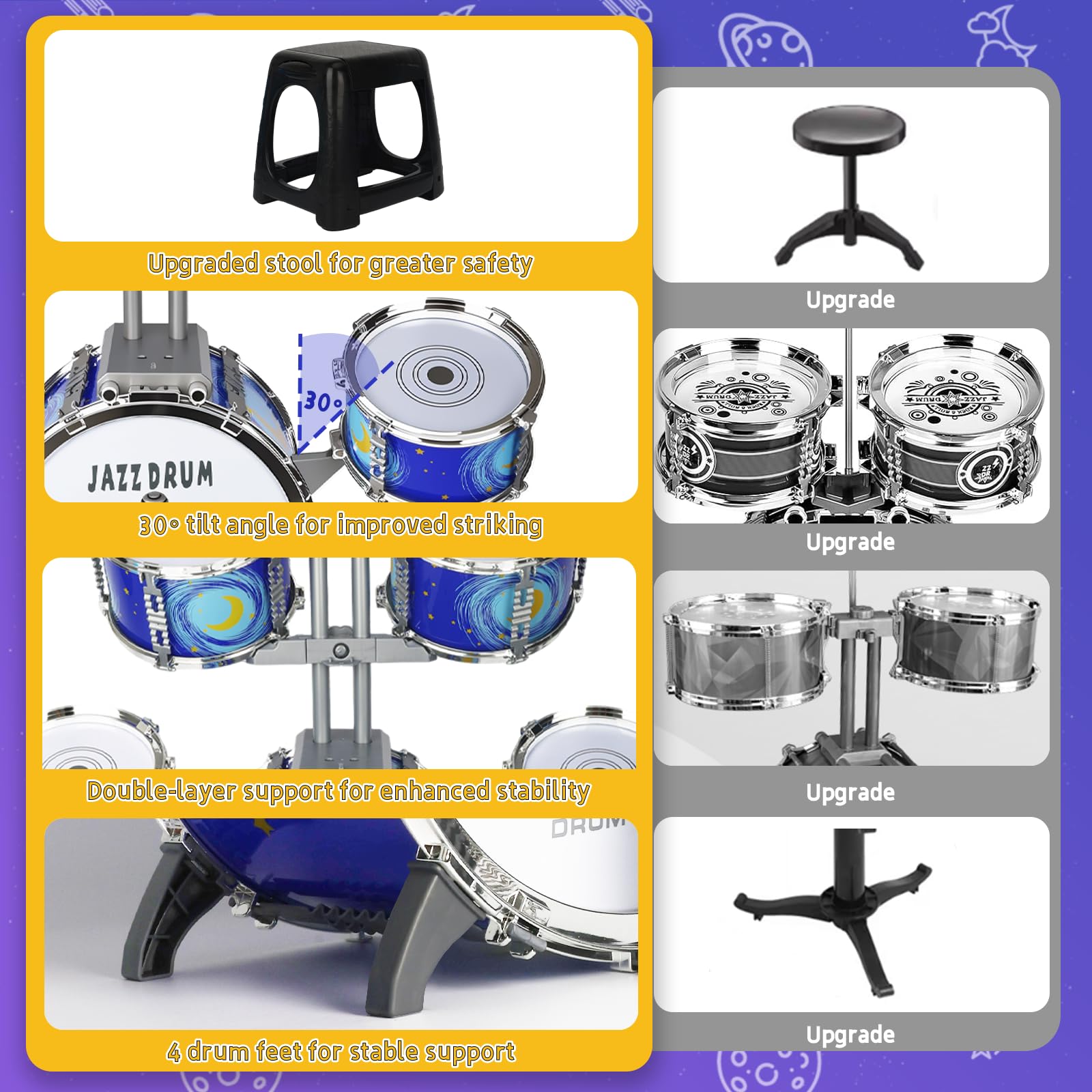 Batería Niños con Taburete - Infantil Musical Juguete Jazz Tambores Kit de 3 4 5 6 7 Niños Niñas, Cumpleaños Navidad Regalos, Azul