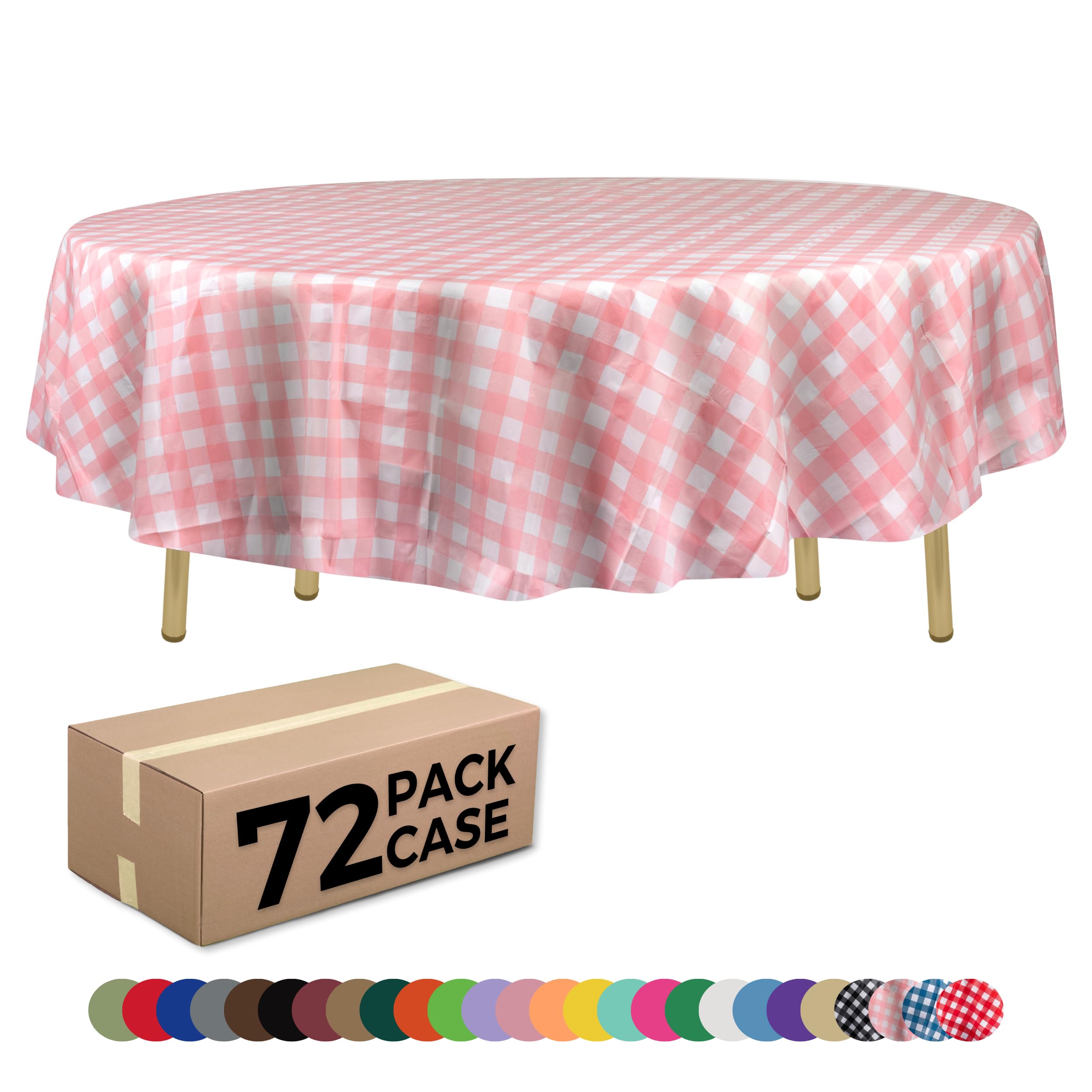 ZIMPLEWARE Pink Checkered Gingham Standard Disposable Plastic Party Tablecloth [Case of 72] 84 x 84” Round Table Cover for Indoor & Outdoor Use — image 1