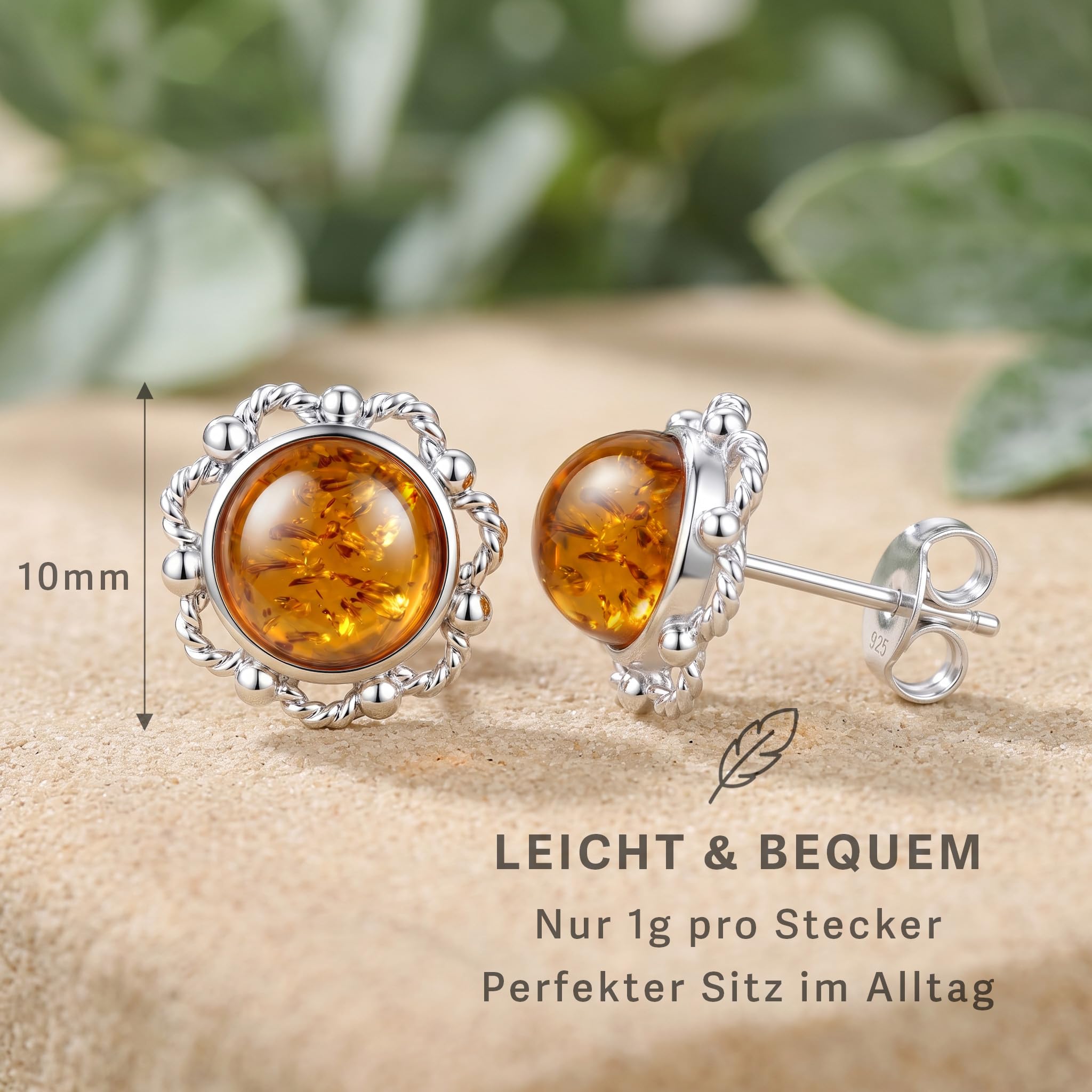 ALUA Ostsee-Bernstein Ohrringe 925 Silber Runde Ohrstecker 10 mm Blüte