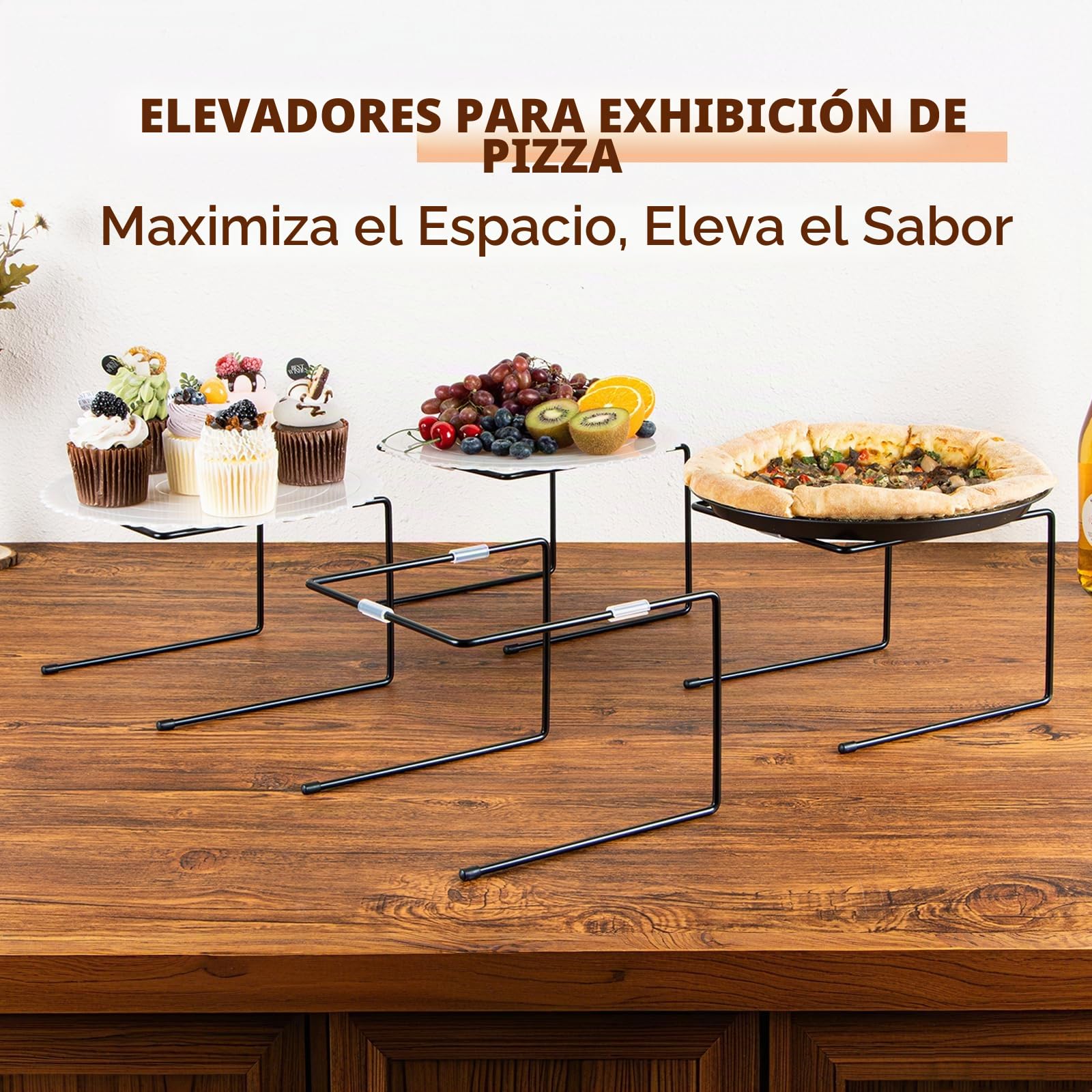 PUERSI Soportes para Pizza, Pack de 4, Estante de Exhibición Metálico Negro con Almohadillas Antideslizantes, para Bandejas de Pizza y Moldes de Pastel, Perfecto para Fiestas y Bodas