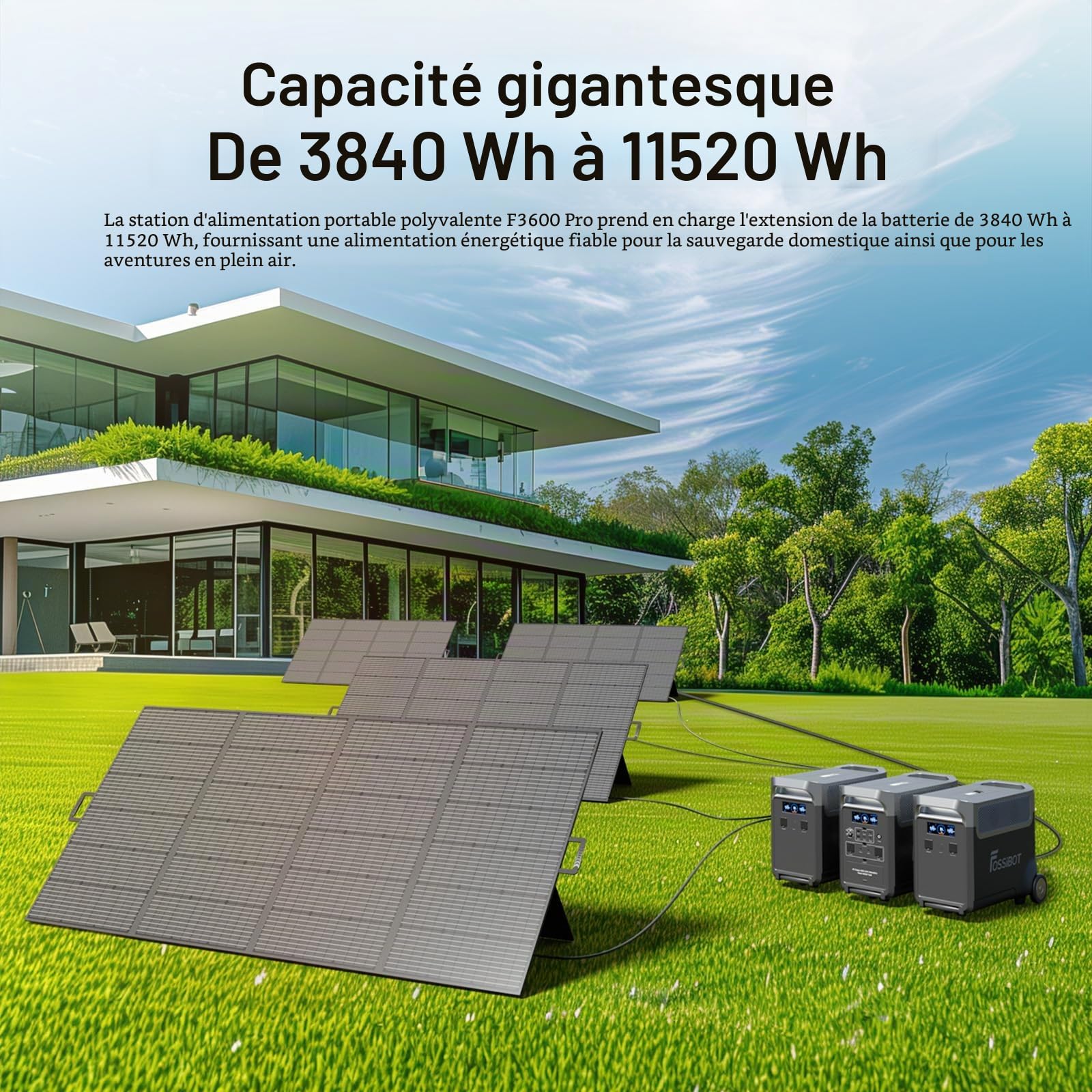 FOSSiBOT F3600 Pro Station d'alimentation portable 3840 Wh LiFePO4, générateur solaire, 3 x 230 V CA, sortie 3600 W (crête 7200 W), générateur de tempêtes, recharge rapide, pour voyage, camping en