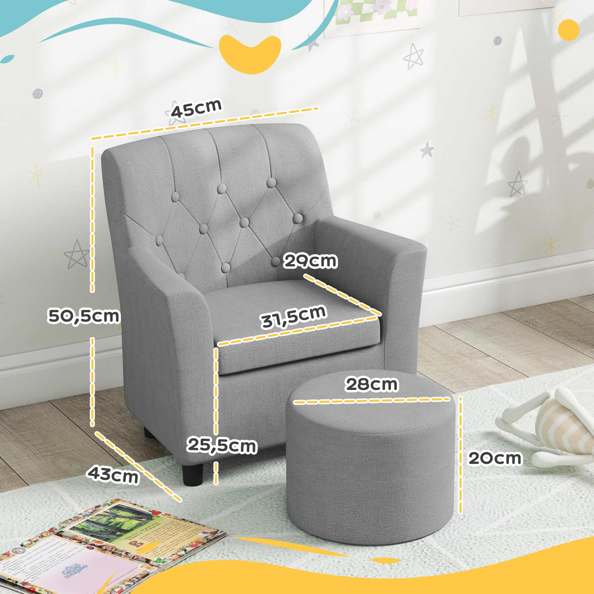 AIYAPLAY Kindersessel Kindersofa mit Fußhocker Kindercouch 1,5-3 Jahre Kindermöbel Kinderzimmer Leinentoptik Eukalyptusholz Grau 45 x 43 x 50,5 cm