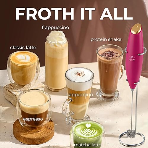 Vista 549 de Zulay Kitchen - Espumador de leche de mano con pilas AA Duracell: batidora de bebidas resistente para café, latte, capuchino y más, color aurora