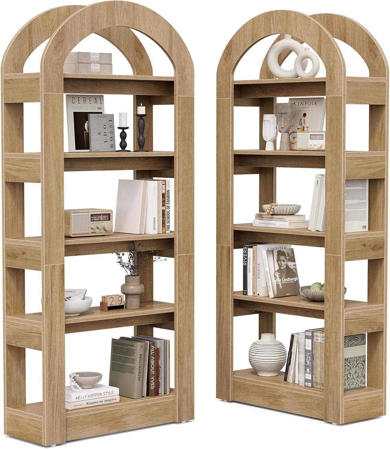 LITTLE TREE 5-Tier Bookshelf, Arch-Shaped Racks, Tall Standing Wooden Bookcase Display Shelf Modern Storage Solution (2, Teak Color)