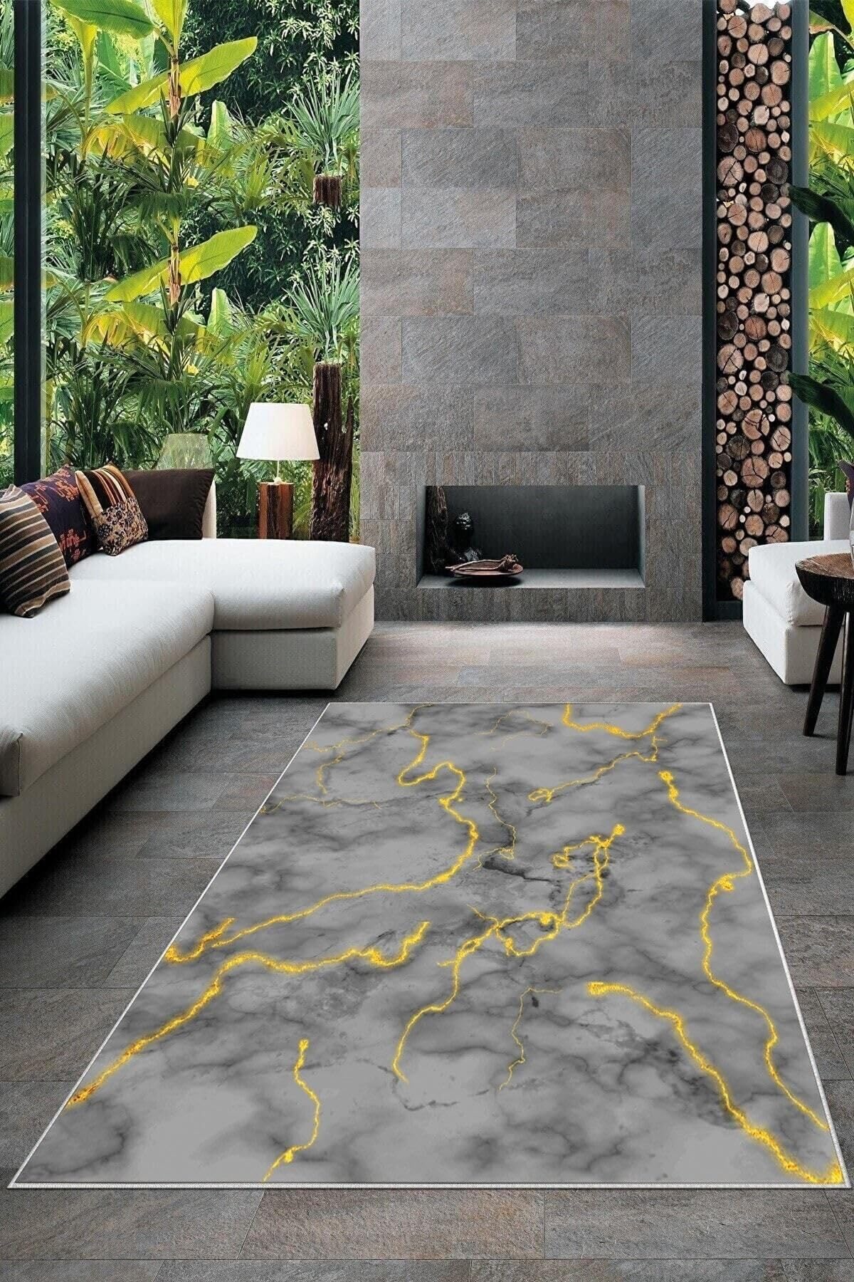Pelangi Gri Desenli Gold Detaylı Yıkanabilir Kaymaz Taban Leke Tutmaz Modern Salon Halısı Ve Yolluk, Gri 160 x 240, 135828316024005