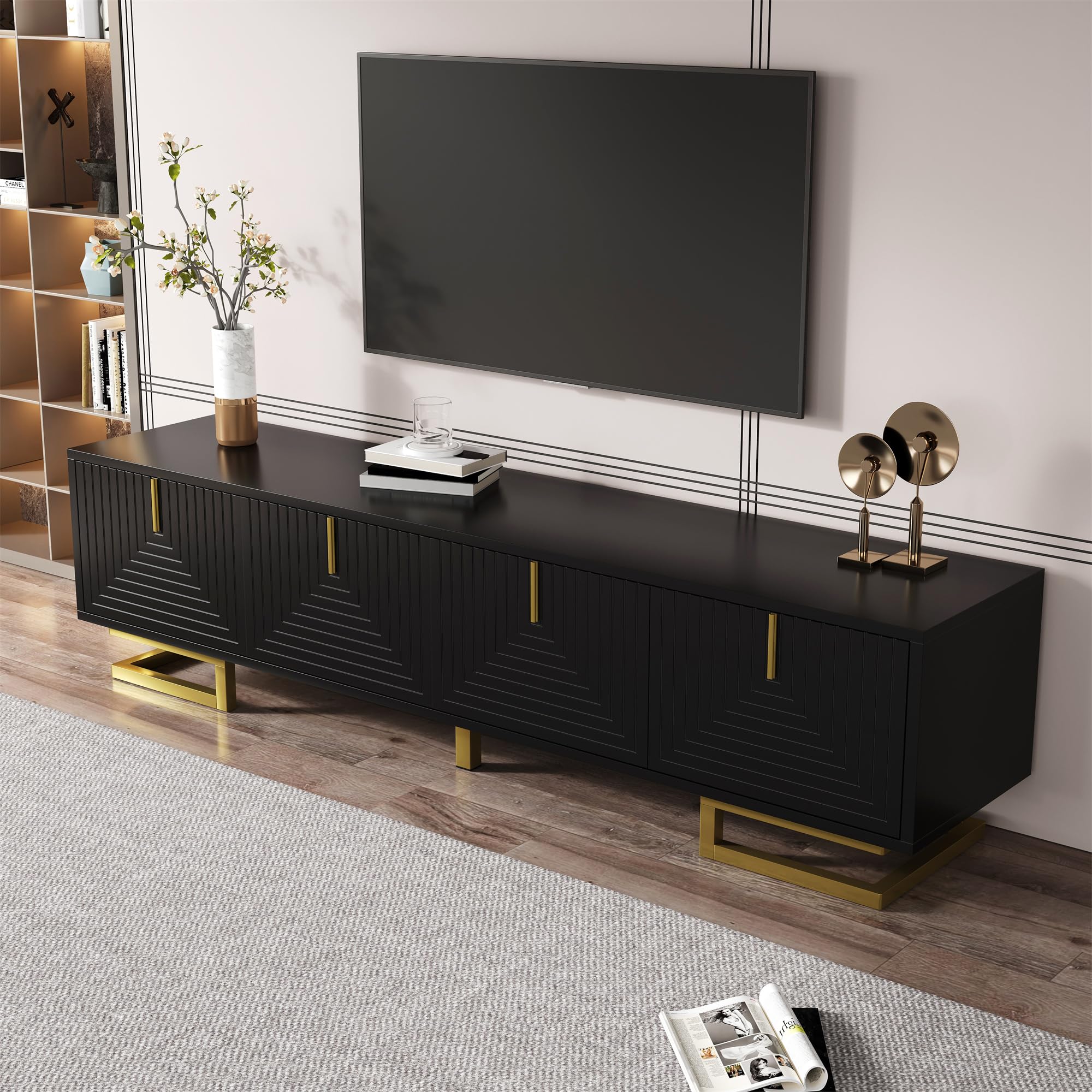 TV-Schrank,Lowboard mit strukturierten Türen,TV-Möbel,Goldene Griffe und Goldene Beine 40x160cm (Schwarz)