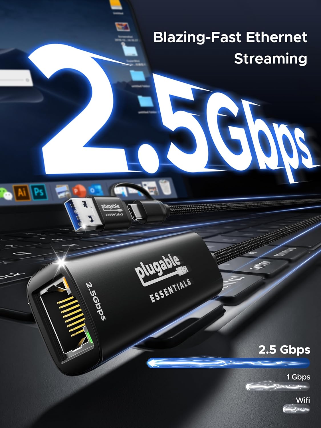 Plugable 2.5Gbps USB C to Ethernet Adapter, 2-in-1 USB-A & USB-C Ethernet Adapter for laptop |Aluminum, Braided, 2.5Gbps High Speed| Compatible for Thunderbolt 4/3, MacBook Air/Pro, iPad, Windows, XPS