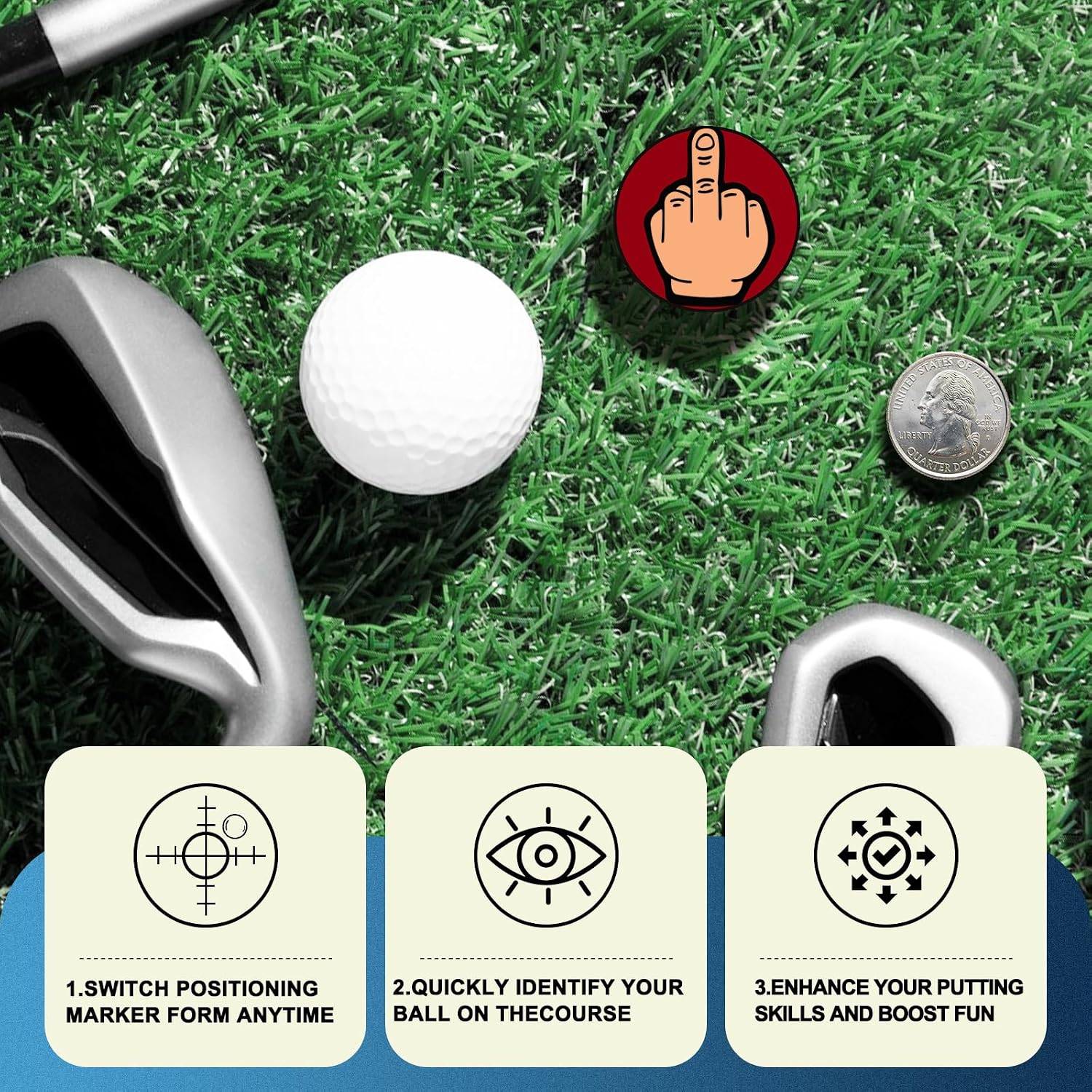 Golf Ball Marker, Middle Finger Ball Marker for Putting Green, Metal Funny Golf Accessories with Magnetic Hat Clip, Gift for Men and Women image 3