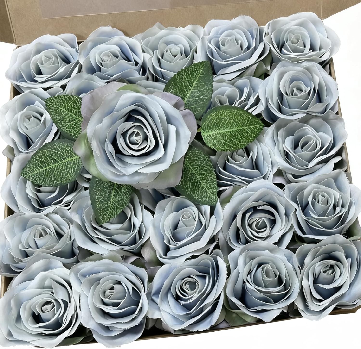 25PCS Artificial Flowers Silk Rose, Dusty Blue Real Touch Fake Rose with Stem Faux Flowers Gift Box for Weddings DIY Floral Arrangements Centerpiece Bridal Shower Party Home Decoration