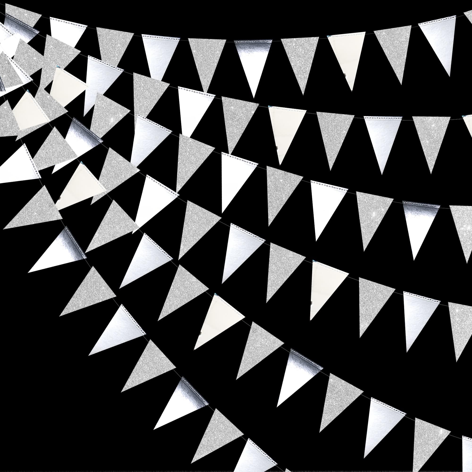 – 30 Ft Silver Party Decorations Glitter Metallic Paper Triangle Banner Flag Garland Pennant Bunting for Wedding Engagement Graduation Anniversary Bachelorette Birthday Baby Bridal Shower Party Supplies