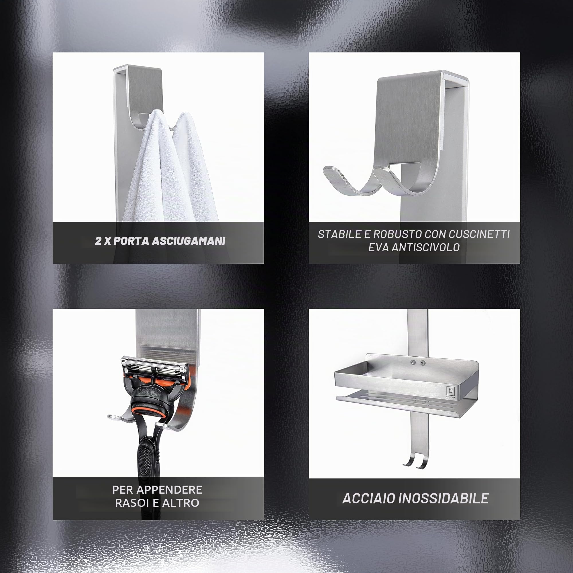 BENKSTEIN Mensola per doccia da appendere, in argento, con 2 cesti per doccia, da appendere, salvaspazio, cestino da doccia, in acciaio inox, supporto per shampoo per doccia