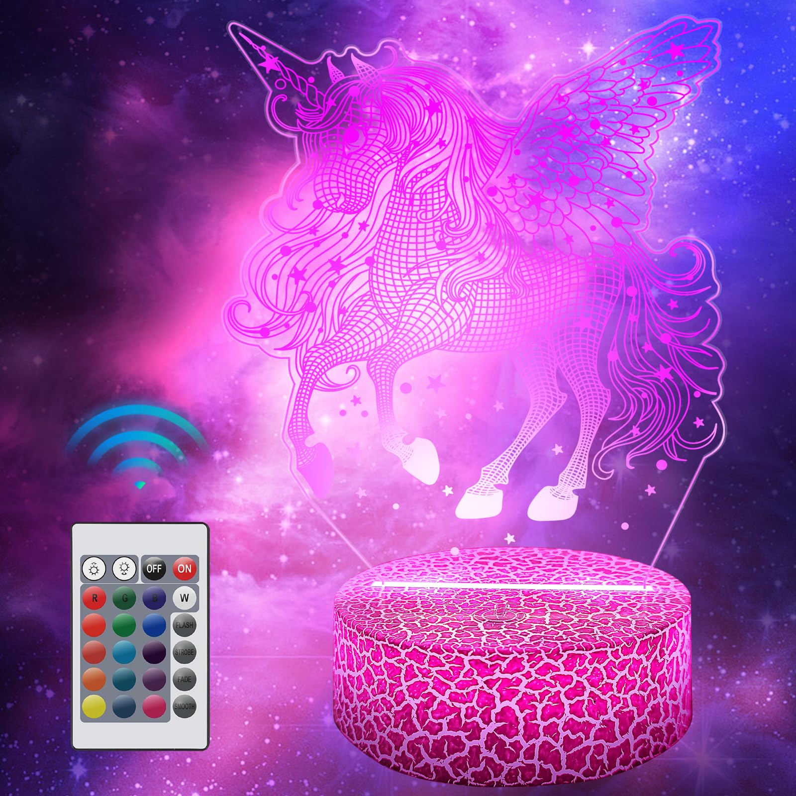 Polemera Luce Notturna Unicorno per Bambini, lampada Unicorno illusione 3D con 16 colori cambiare da telecomando, Regalo unicorno per una bambina di 6 7 8 9 10 11 12 anni, lampada cameretta bambino