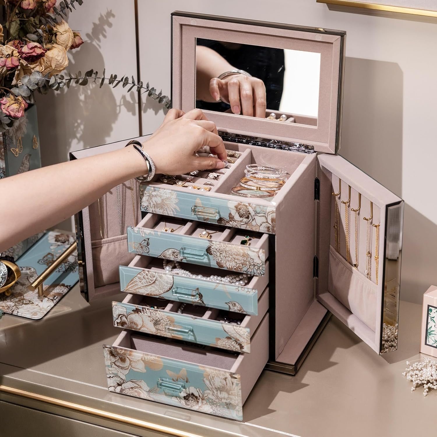 Glass Jewelry Box, 5-Layer Storage Case,Jewerly Boxes for Women Girls,Jewelry Gift Decorative Boxes, Art Painting Tabletop Ornament Organizer For Earring Necklace Watch Christmas Gifts