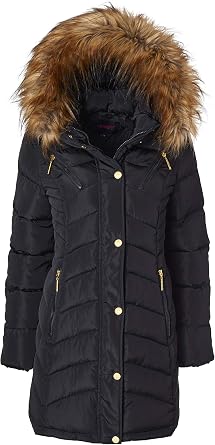 Sportoli Women Long Quilted Down Alternative Plush Lined Puffer Jacket Coat Fur Trim Hood