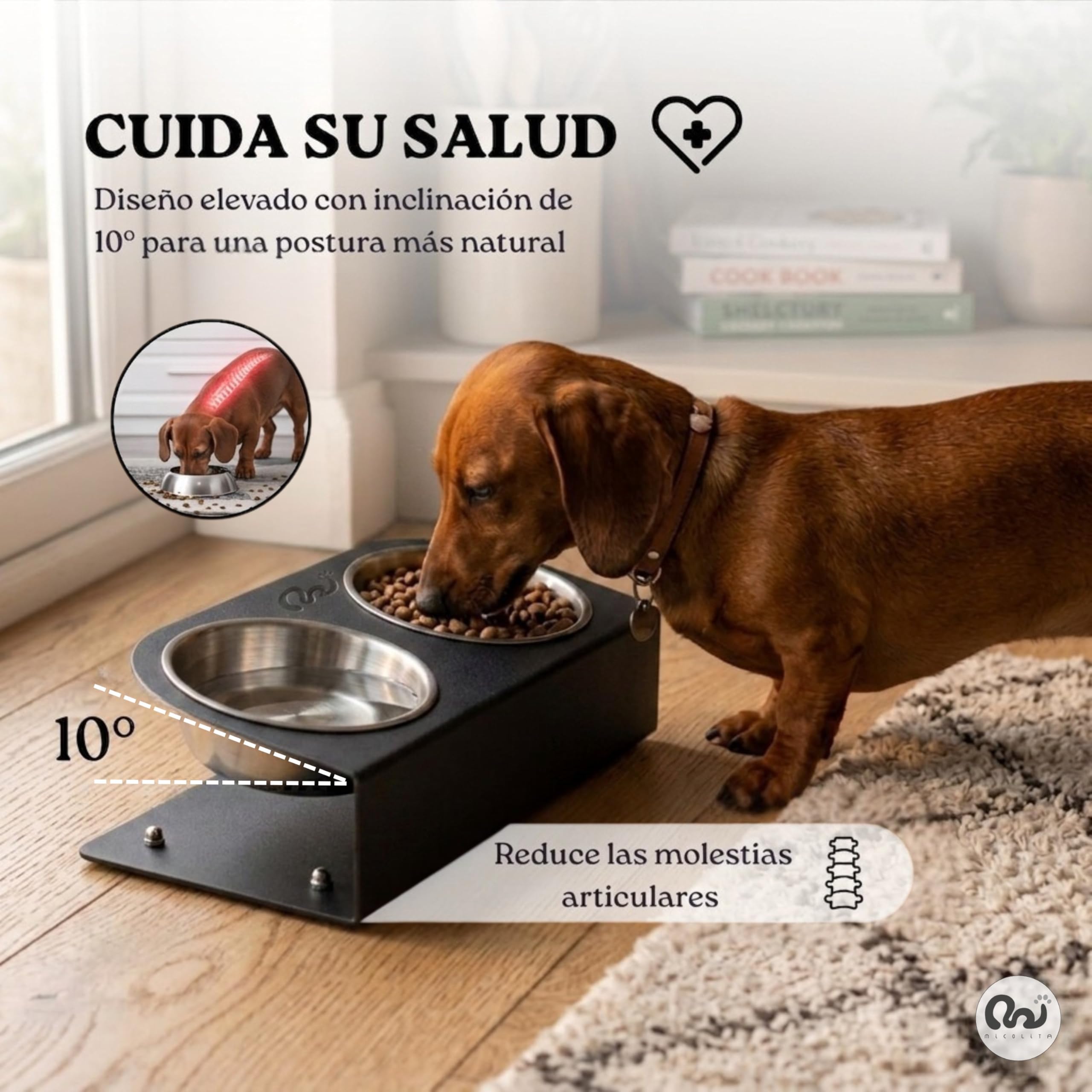 Comedero Perro Elevado para Perros Pequeños, Comedero Gato Elevado Antideslizante y Antibacteriano, Cuencos de Acero Inoxidable, Diseñado y Fabricado en España (Negro, S)