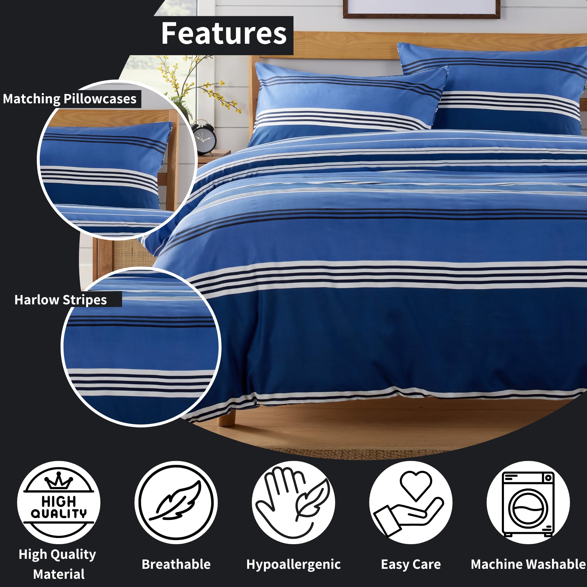 Olivia Rocco Easy Care Printed Duvet Cover Set 100% Polyester Breathable Stylish Comforter Reversible Quilted Bedding Bed Sets With Pillowcases HARLOW STRIPES DUVET SET - Image 4