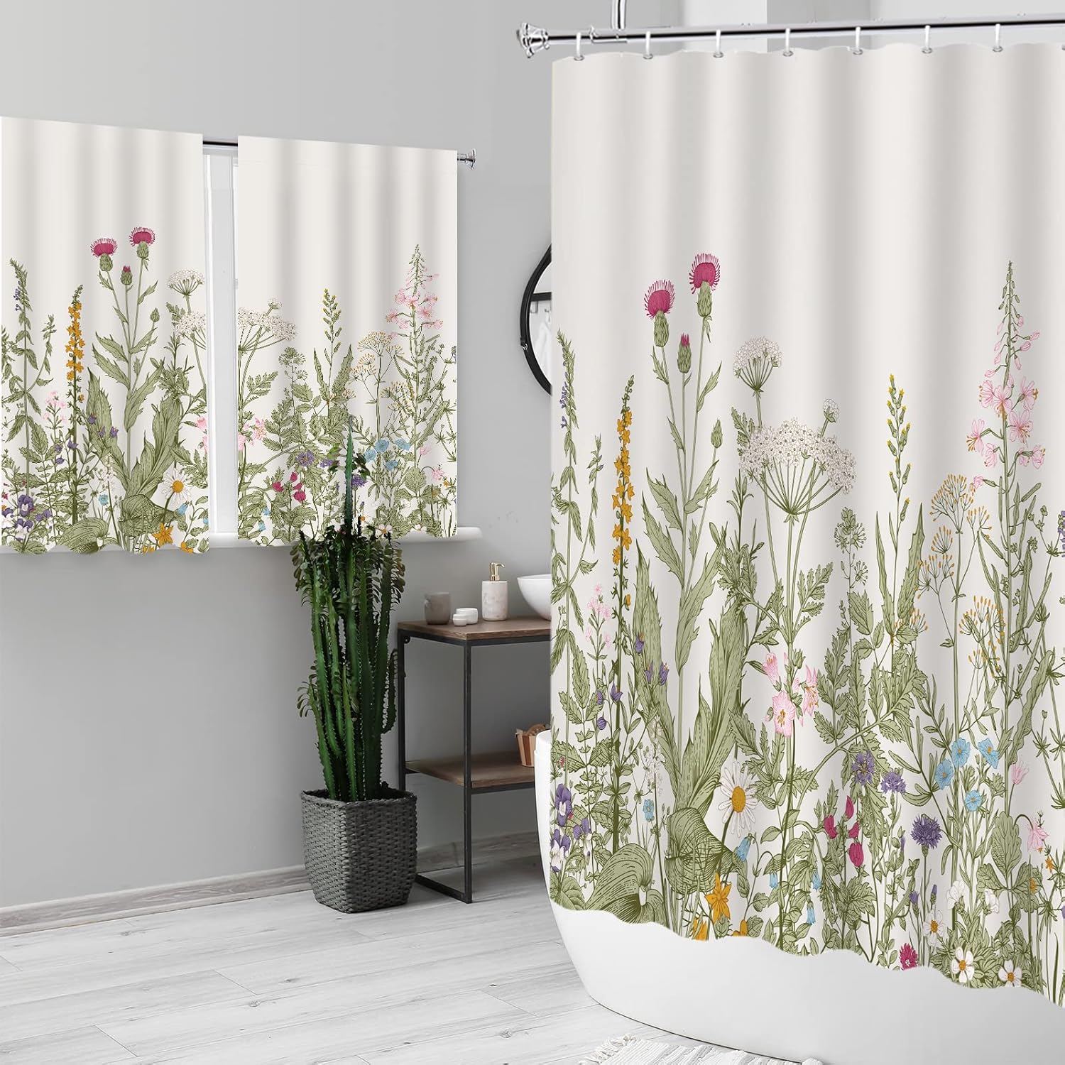 YISURE 2 Piece Wildflower Botanical Shower Curtain Set with Window Curtain, 72x72 with 30x36 inches, Floral Plant Sage Green Leaves Decorative Shower Curtain with Matching Window Panel