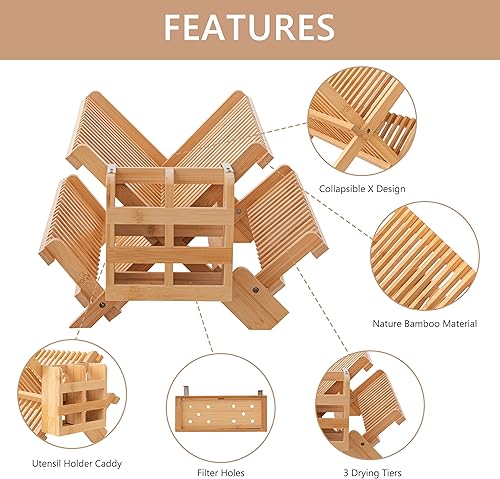 Miniatura 6 de HBlife Escurridor de platos de bambú con soporte para cubiertos de utensilios, soporte de secado plegable grande de 3 niveles para encimera de